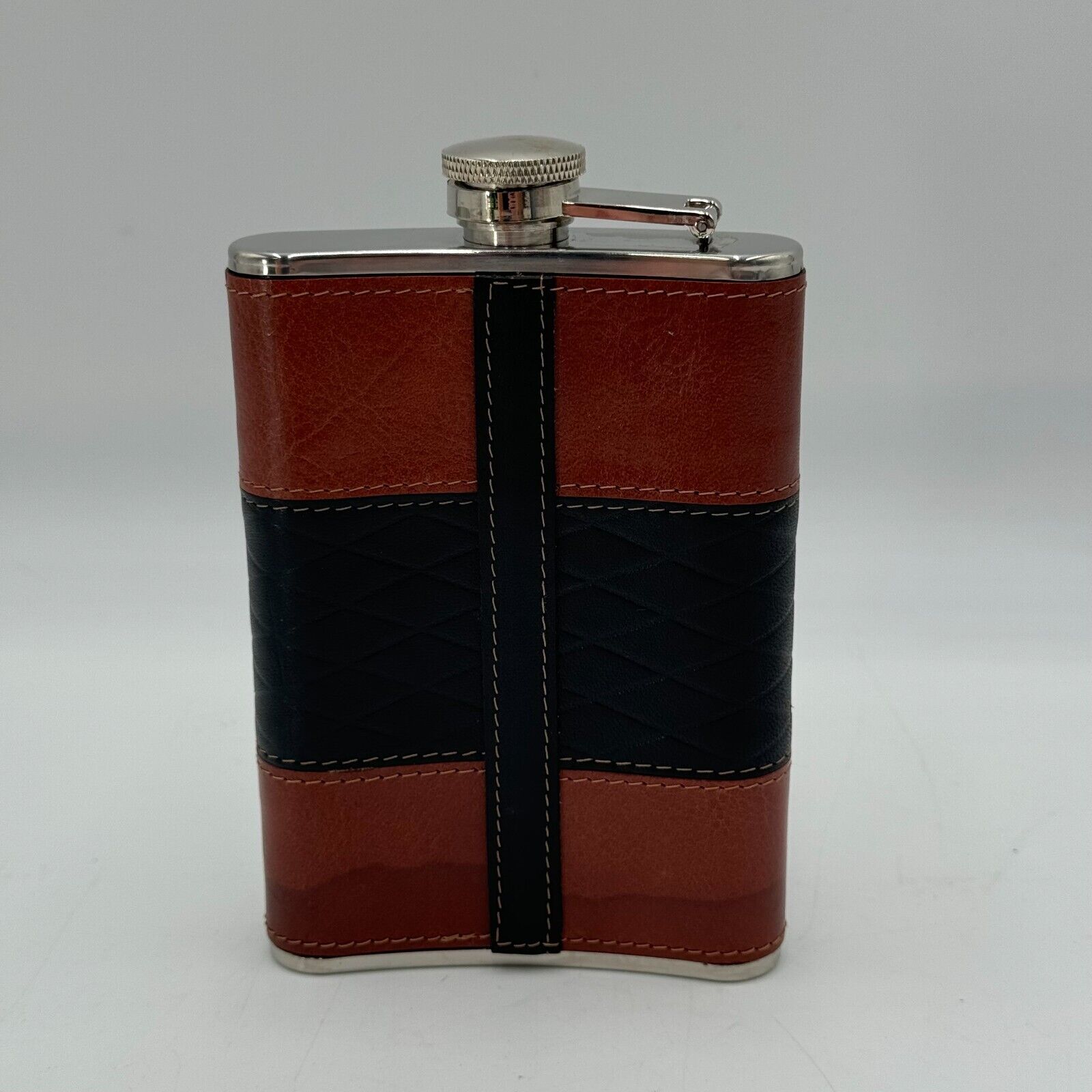 8oz Stainless Steel Flask Genuine Leather Gripper Elastic W/ Metal Screw On Lid