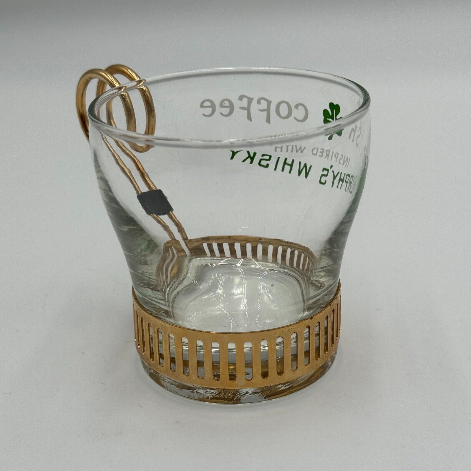Irish Coffee Whisky Vintage Glass Mugs Metal Holder-Handle St Patrick's Barware