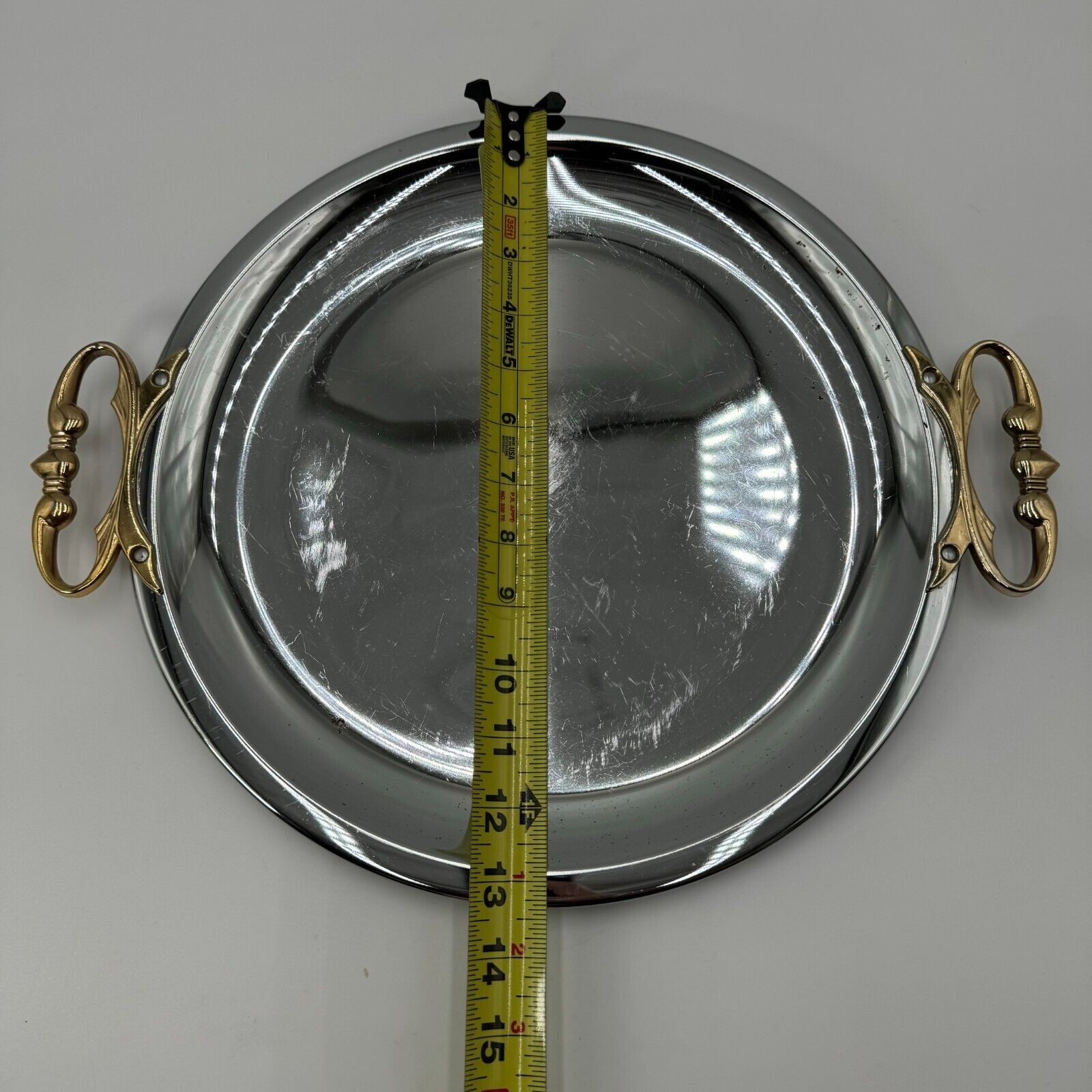 VINTAGE KROMEX CHROME METAL SERVING TRAY PLATTER ROUND WITH BRASS HANDLES 13.5"