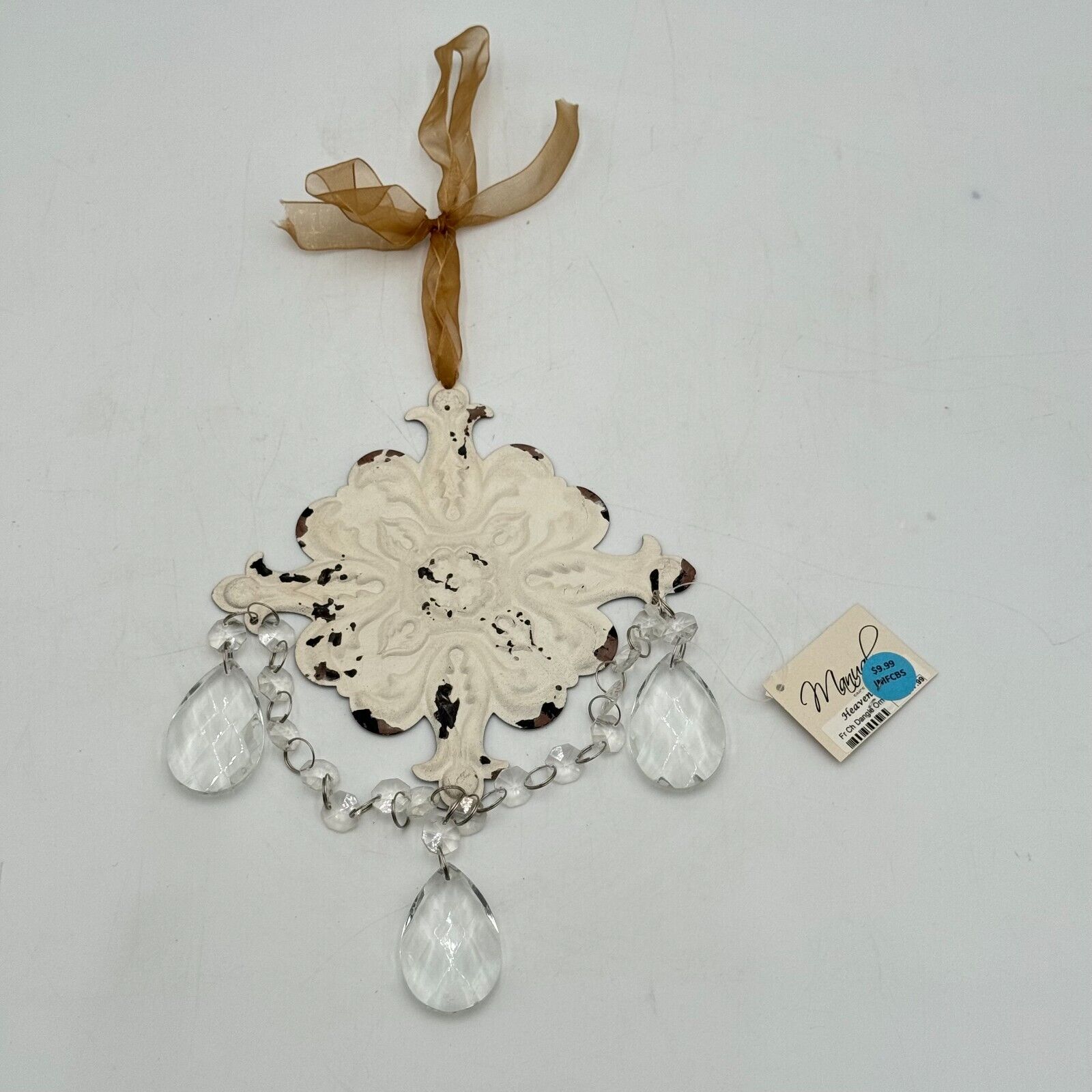 Lot of 3 FRENCH CHATEAU Dangle Ornament Geo White Cream Metal Crystal Christmas