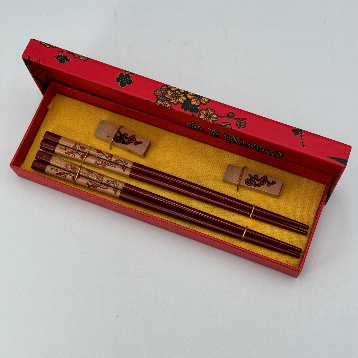 Authentic Chinese Chopsticks & Rests From China Red Floral Decorative Design NIB