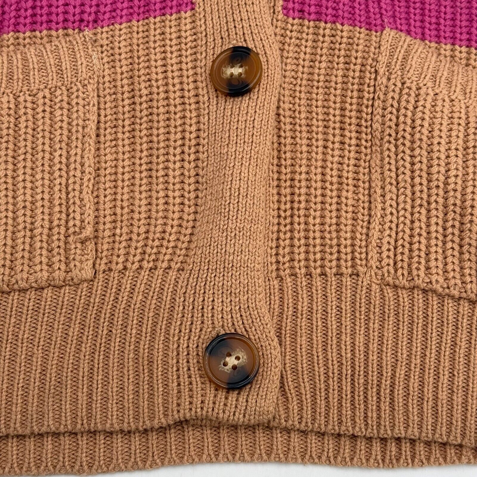 Time and Tru 3 Button V-neck Knit Sweater Pockets Beige Pink Womens Size M 8-10