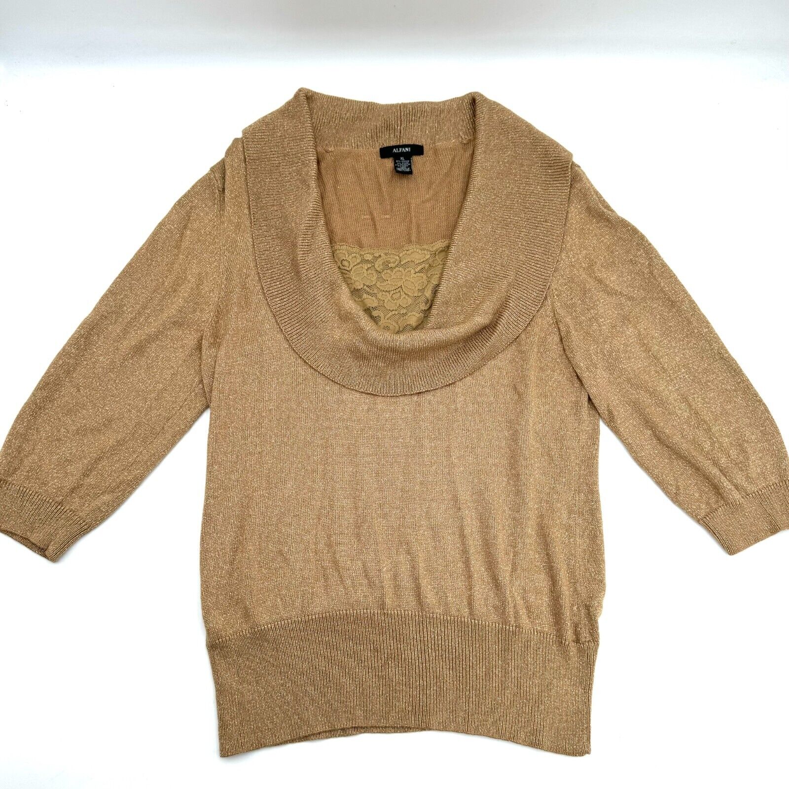 Alfani Cowl Neck Sweater Gold Sparkle Lace 3 quater Sleeve Pullover Size XL