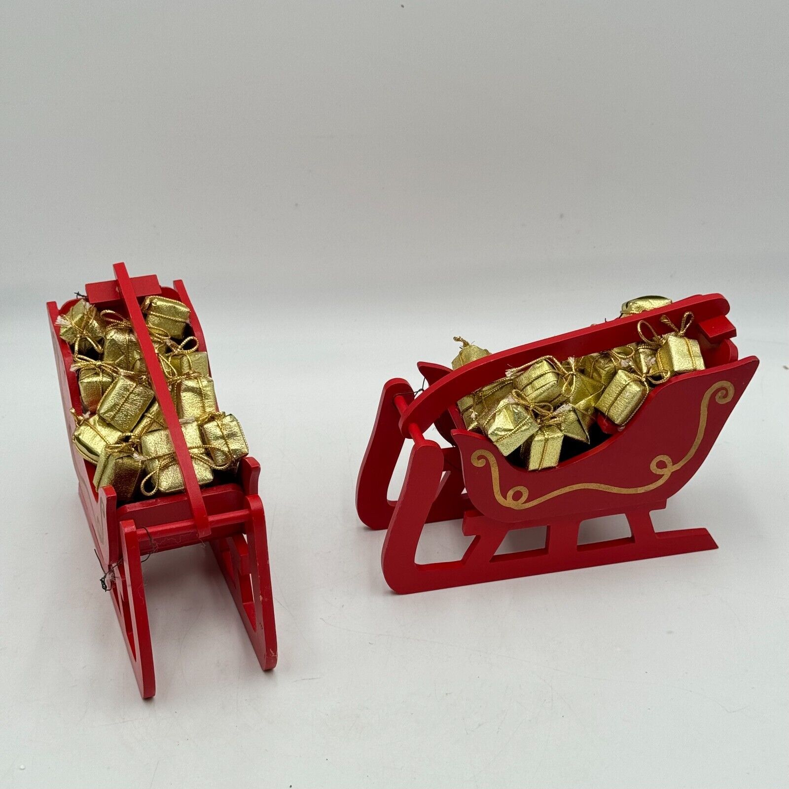 Pair of Matching 8in Wooden Sleighs Red Sleds Red Gold Christmas Presents Decor