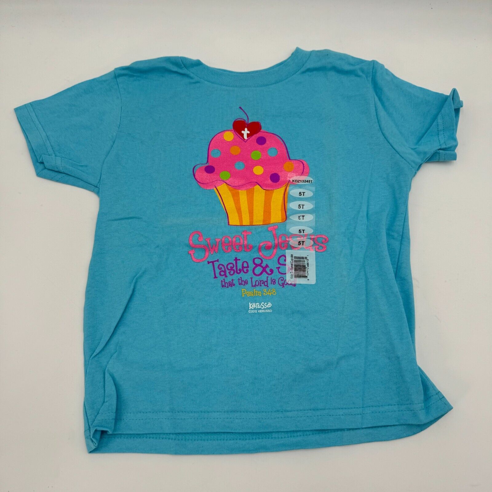 Kerusso Blue Cupcake Psalm 34,8 Jesus Christian Kids Toddler T-Shirt Size 5T NWT