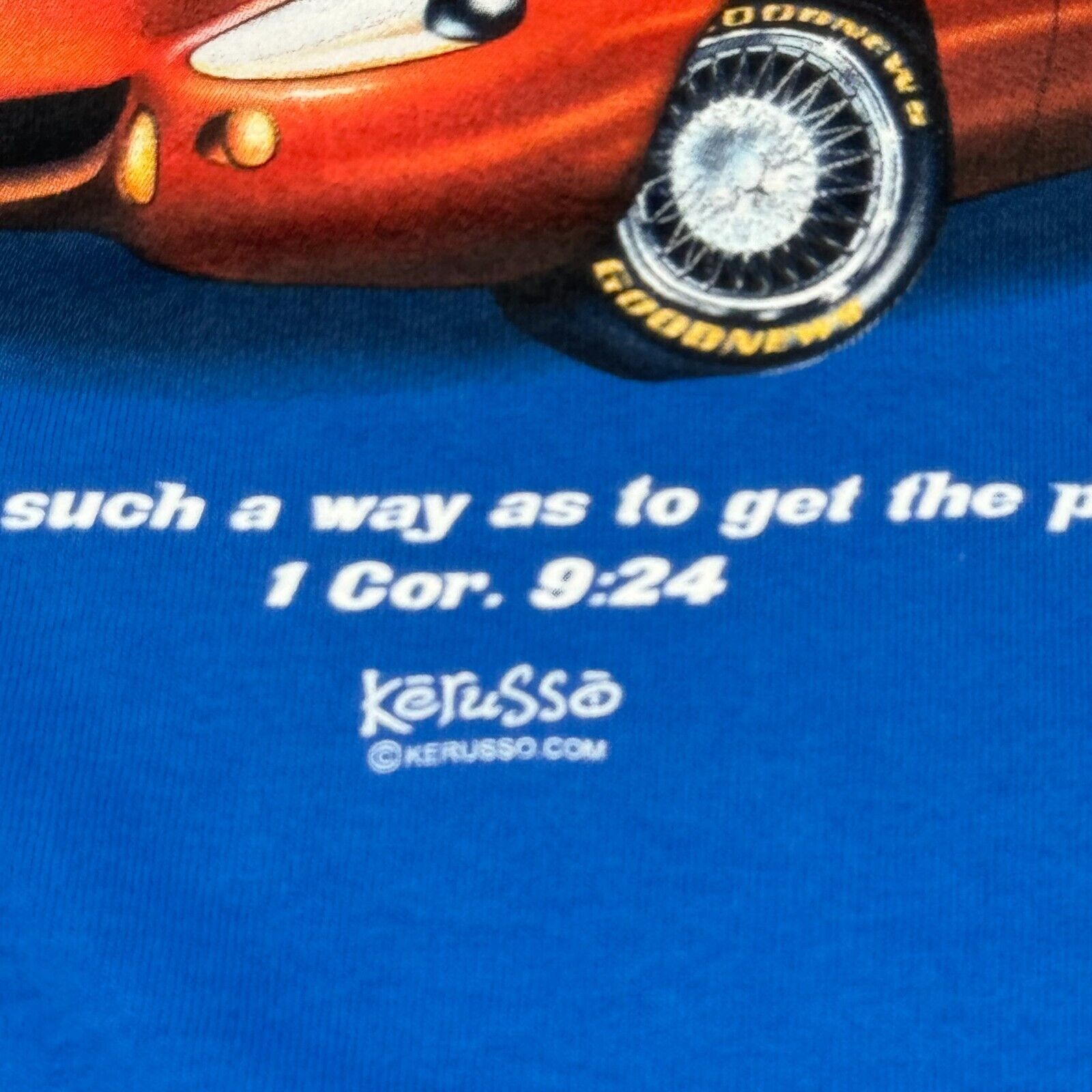 Kerusso Blue Orange Race Car 1 Corinthians Christian T-Shirt Youth Size M NWT