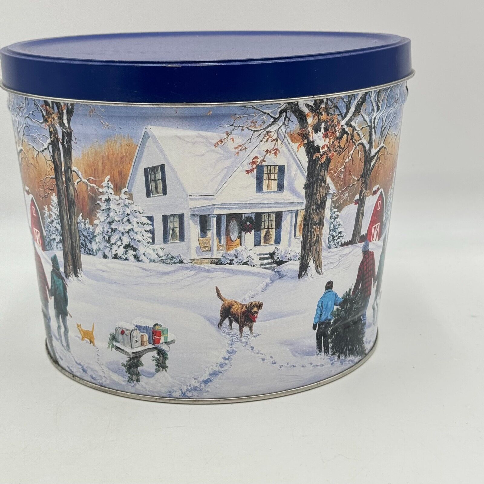 2 Large Christmas Popcorn Tins Snowy Farmhouse 11in Disney Mickey Minnie Donald