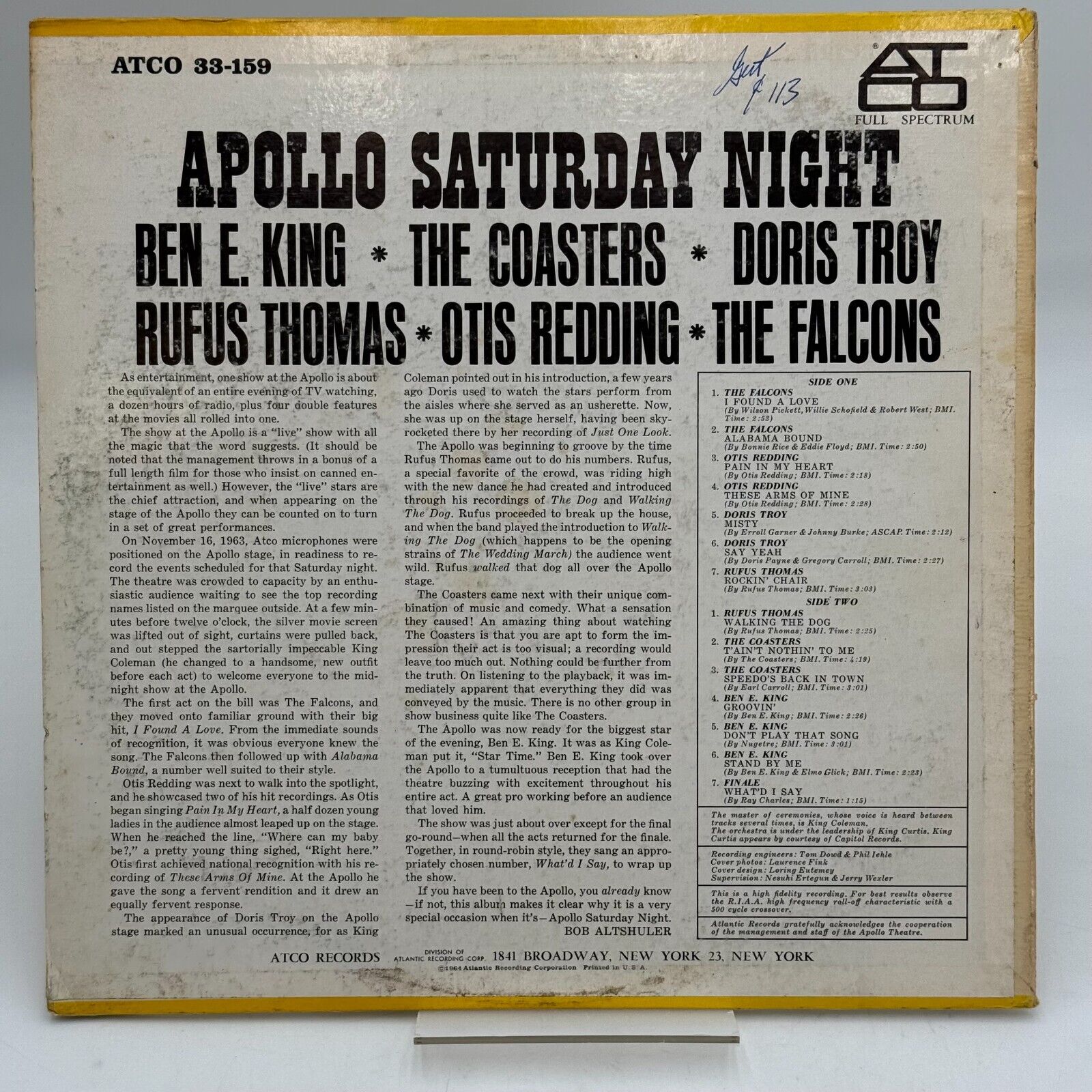 Apollo Saturday Night SD 33-159 ATCO Vinyl LP Mono Ben E. King et al, 1964 R&B