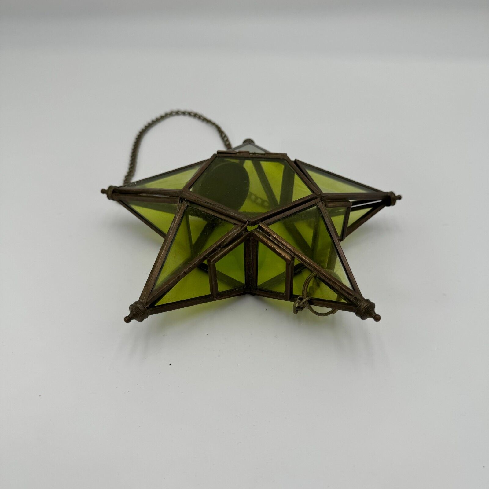 Stained Glass Star Tea Light Candle Holder Yellow Green Steel Henge Frame 20”