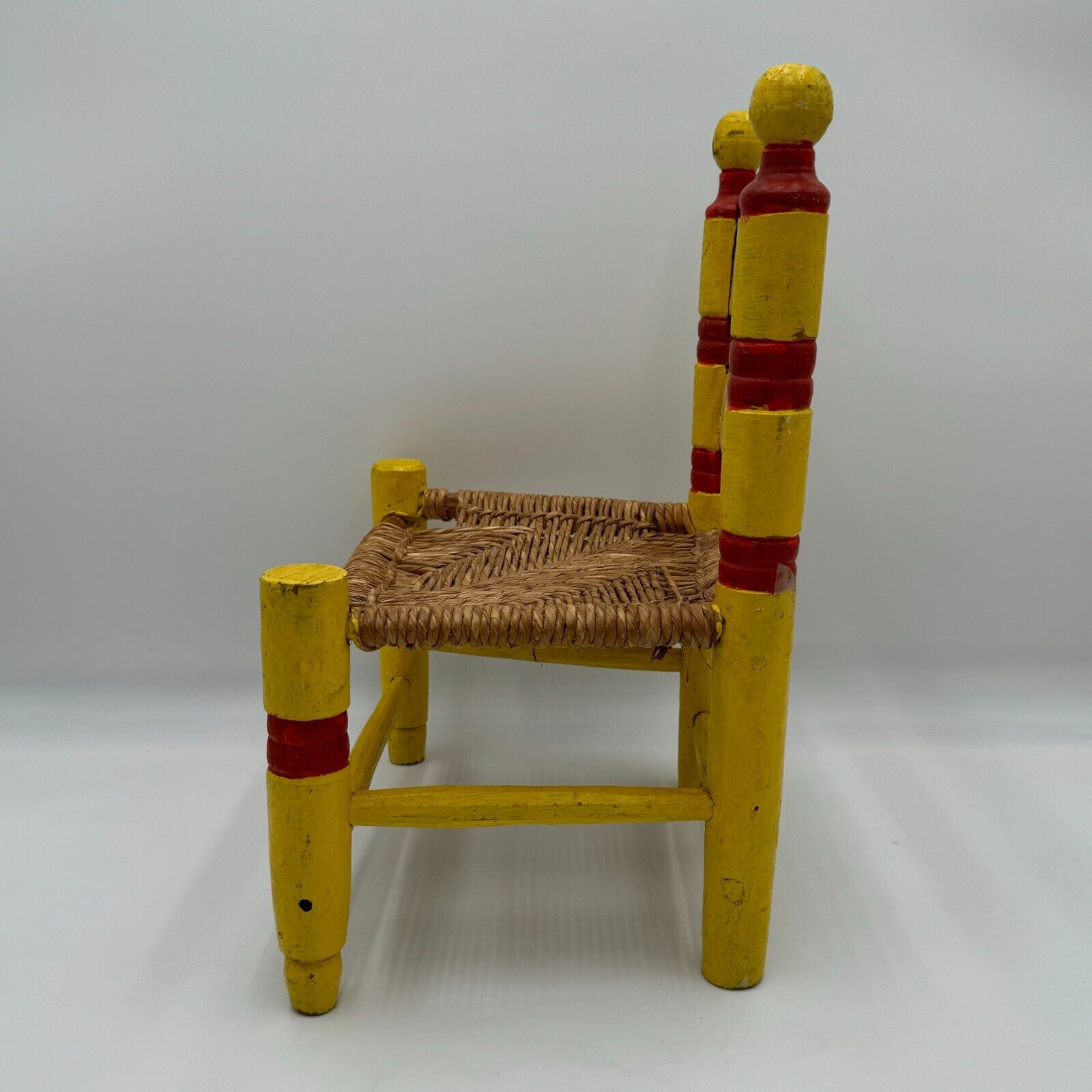 Vintage Hand Painted Child's Chair Mexican Folk Art Wicker Woven Rush Seat Stool