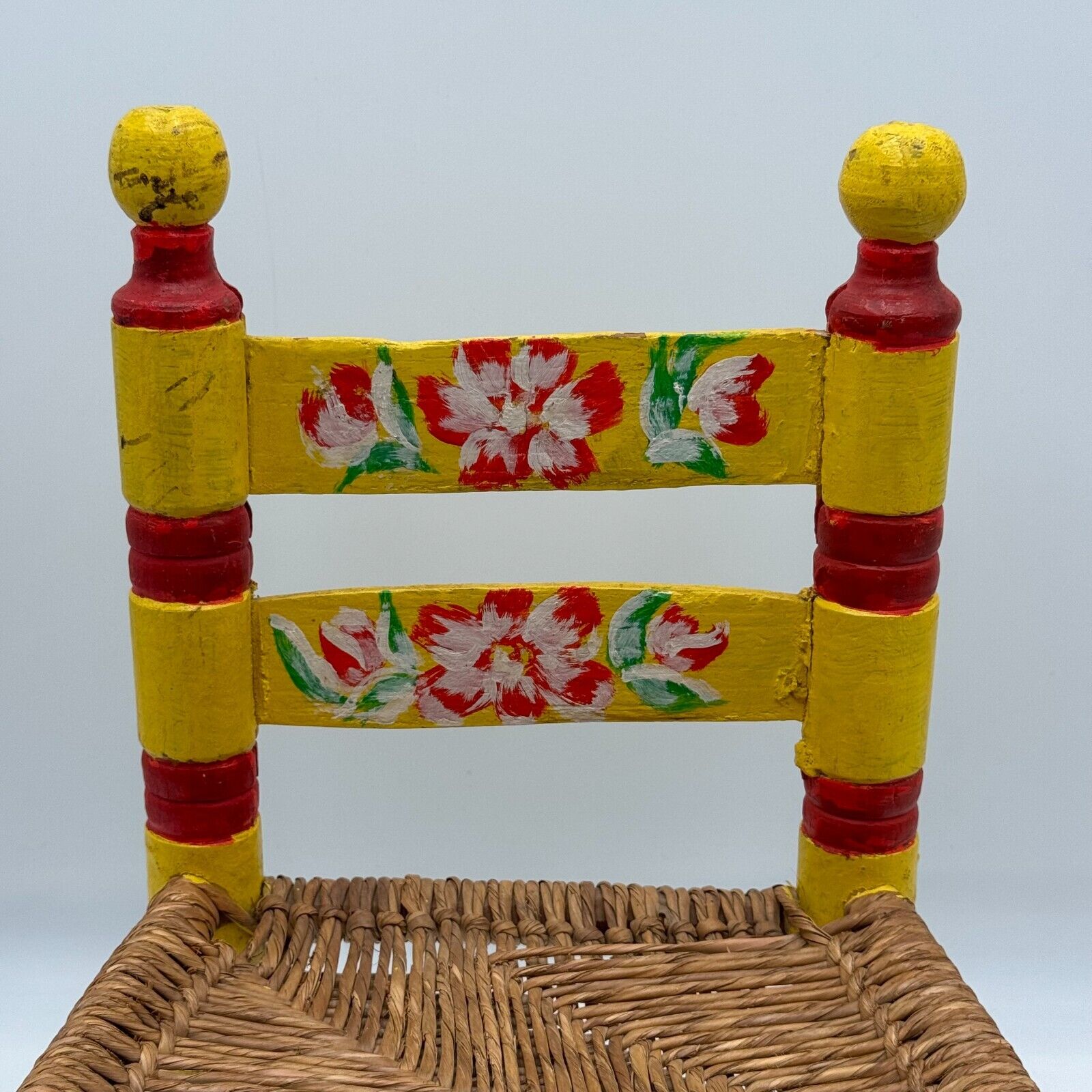 Vintage Hand Painted Child's Chair Mexican Folk Art Wicker Woven Rush Seat Stool