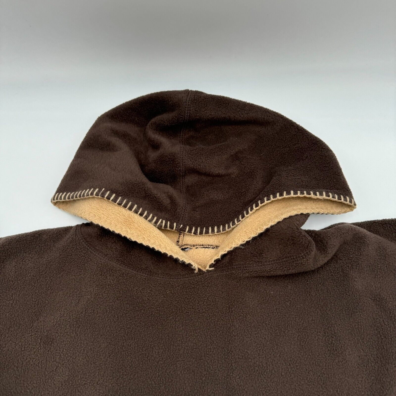 Fleece Poncho Unisex One Size 45W x 30L Brown Tan Pull over Hooded Soft Warm