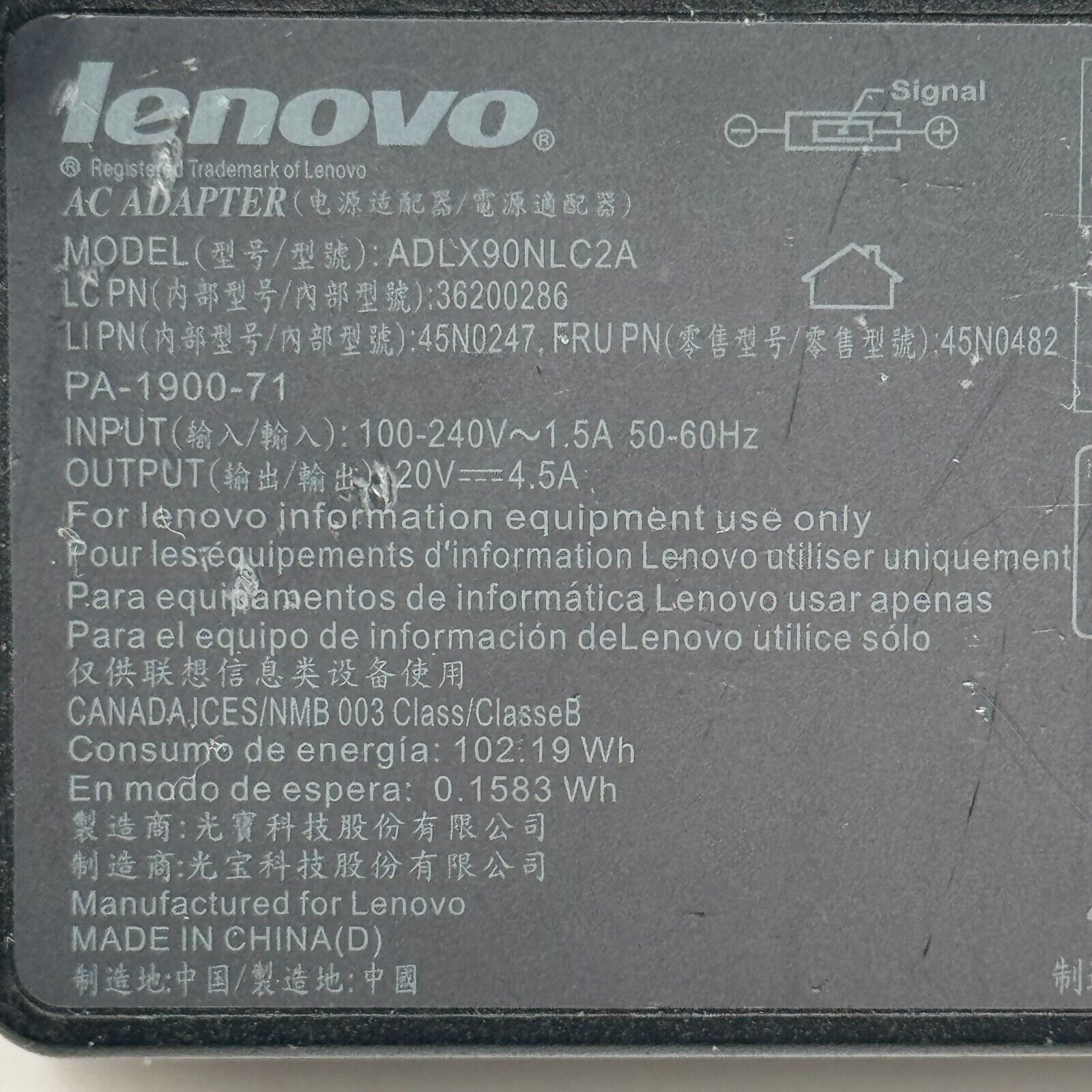 LENOVO ADLX90NCC2A 20V 4.5A 90W Genuine Original AC Power Adapter Charger