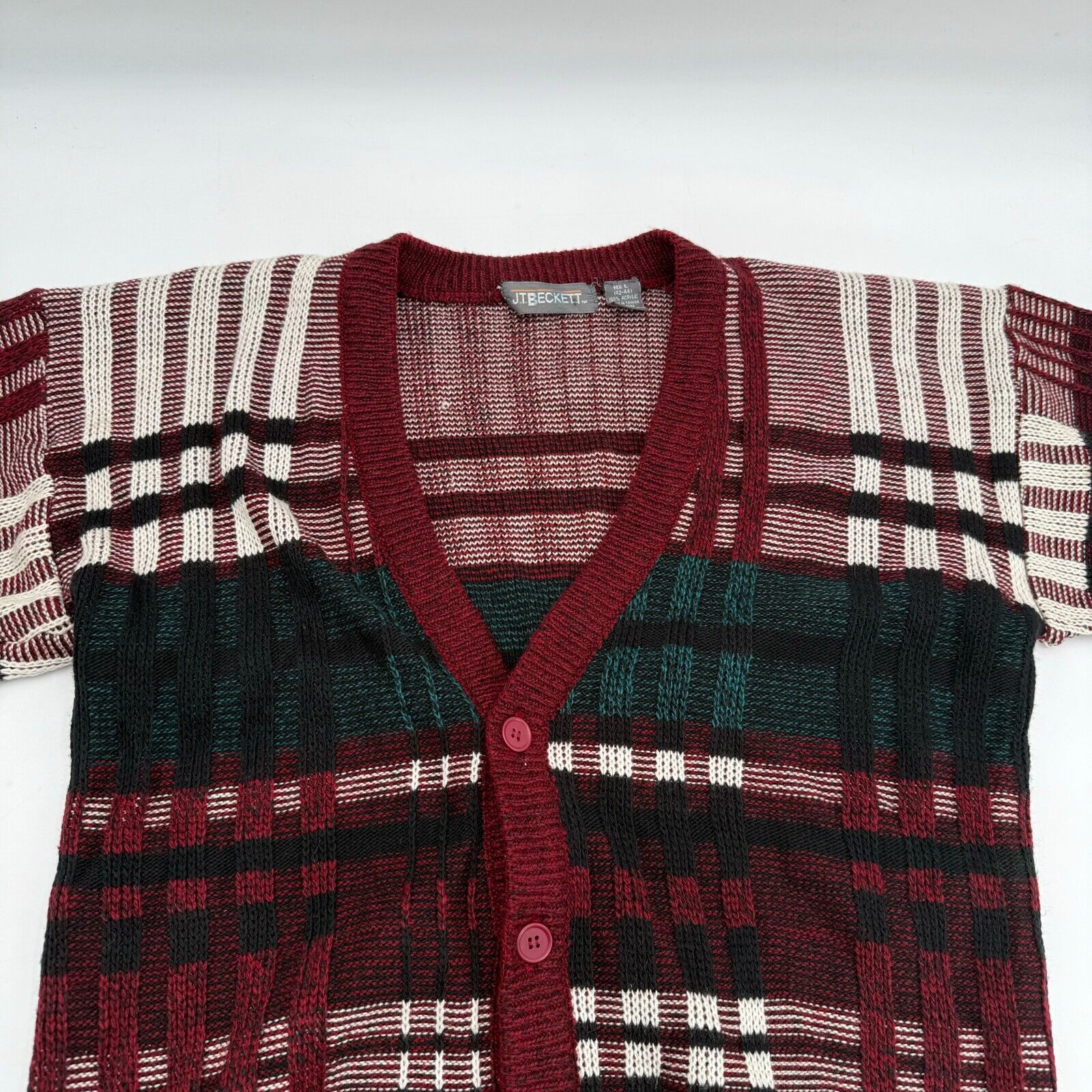 Vintage 80s J.T Beckett Unisex Vneck Button Plaid Cardigan Sweater Holiday Sz L