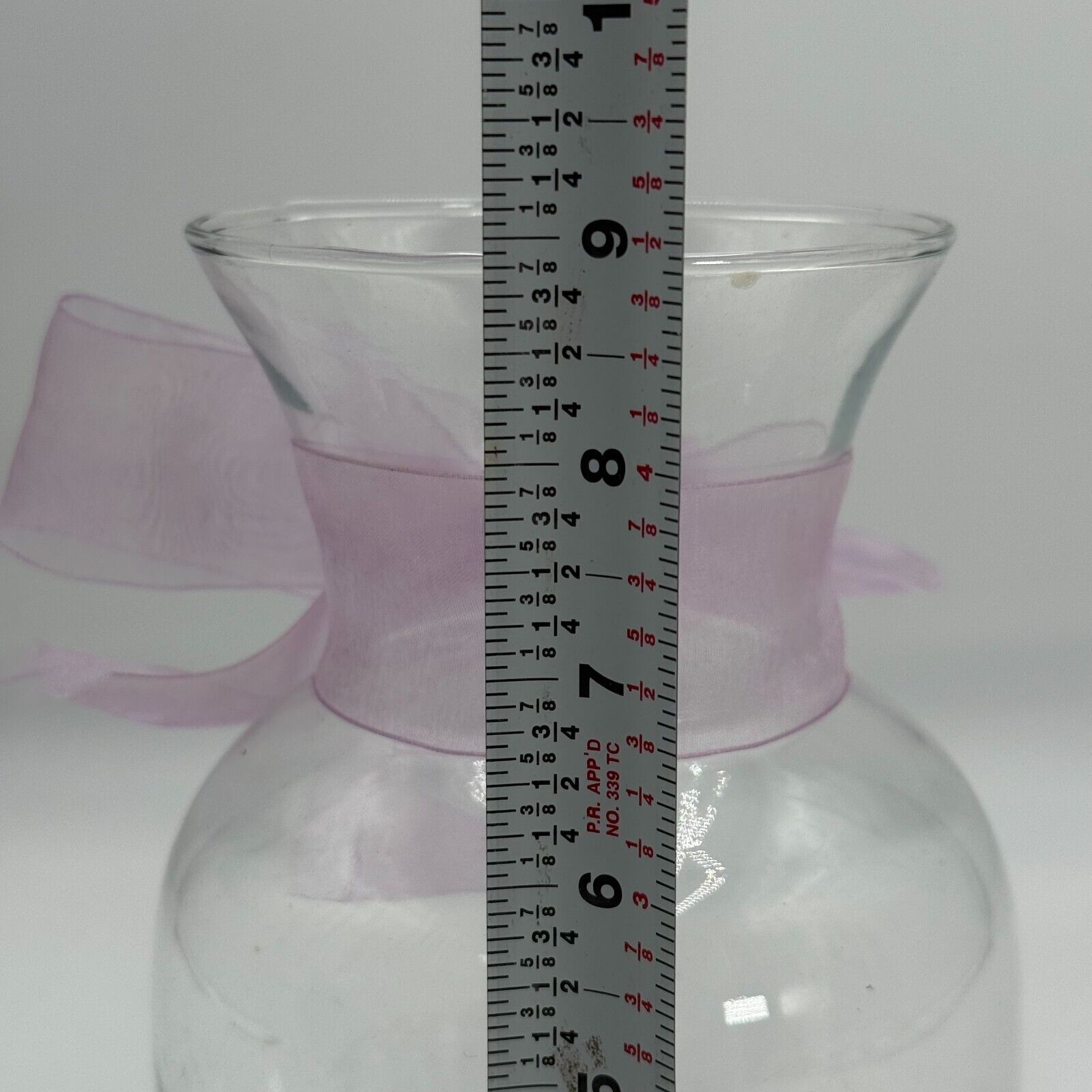 Clear Round Glass Flower Vase With Purple Tied Ribbon 9" Size Tall