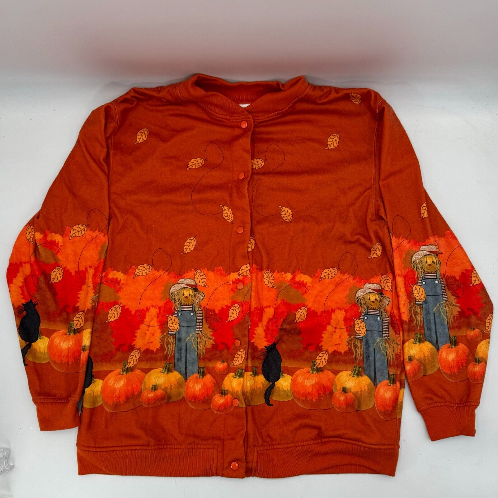 Blair Fleece Snap Front Jacket Orange Fall Pumpkin Patch Scarecrow Design Size L