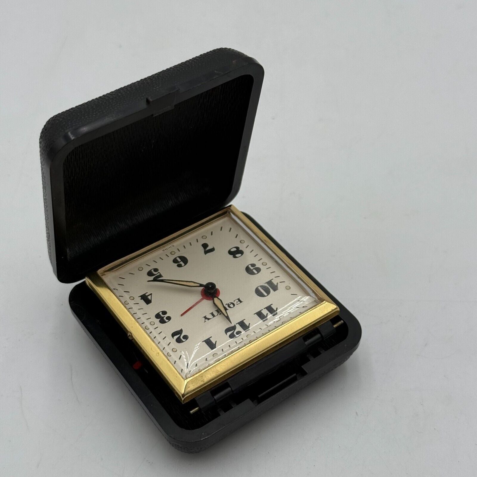 Vintage EQUITY FOLDING TRAVEL ALARM CLOCK Wind Up Black Case