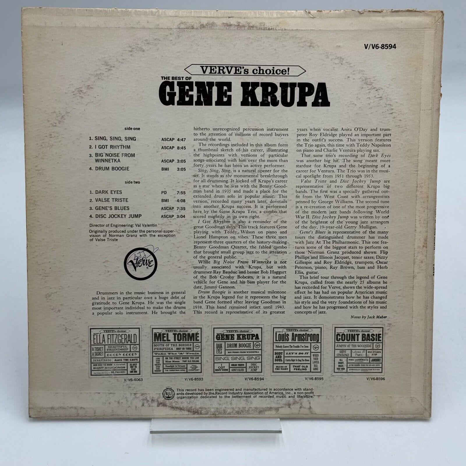 Verve's Choice!: The Best Of Gene Krupa 1963 Vinyl LP Verve Records V6-8594 JAZZ