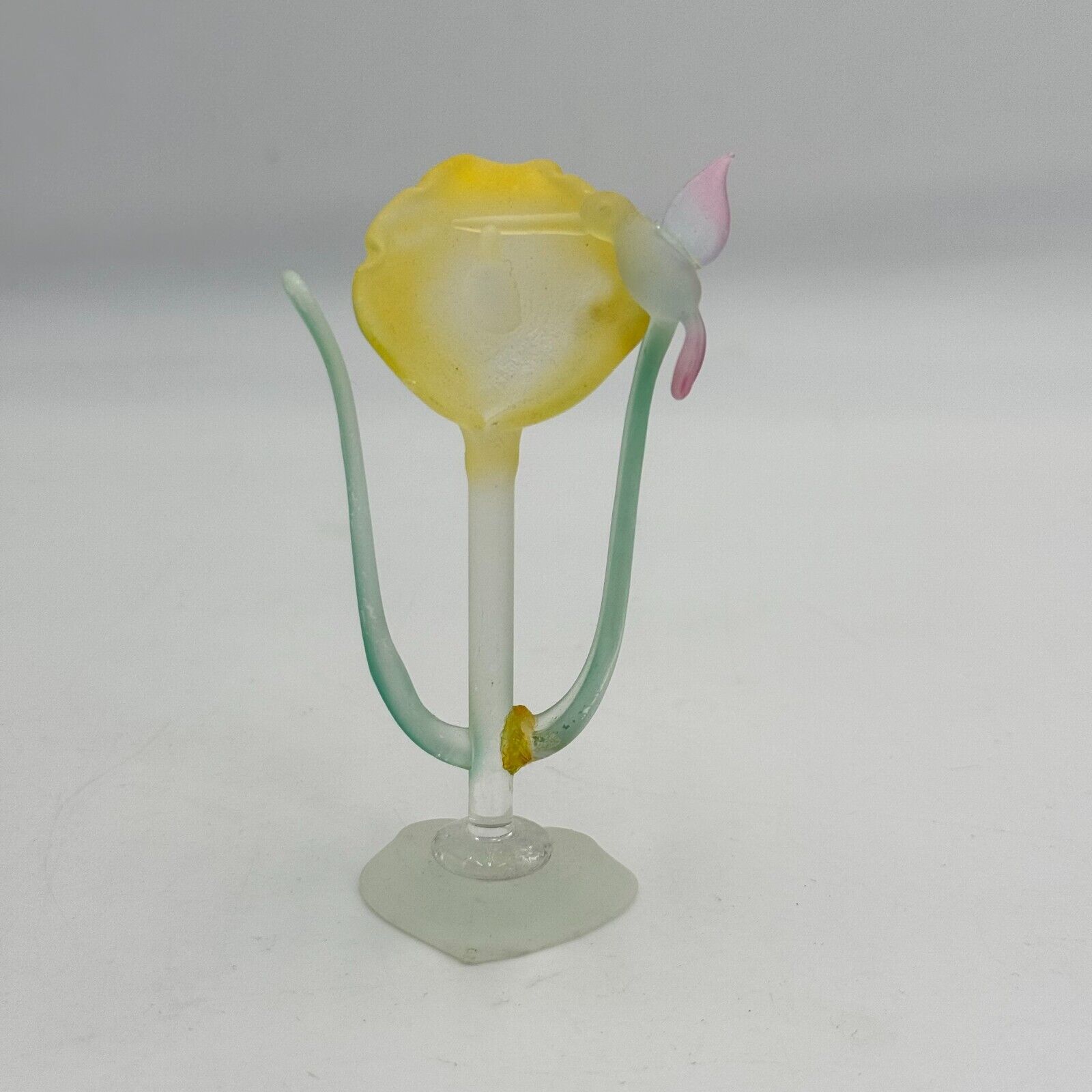 Handcrafted 4in Frosted Glass Sculpture Yellow Flower & Humming Bird Home Decor