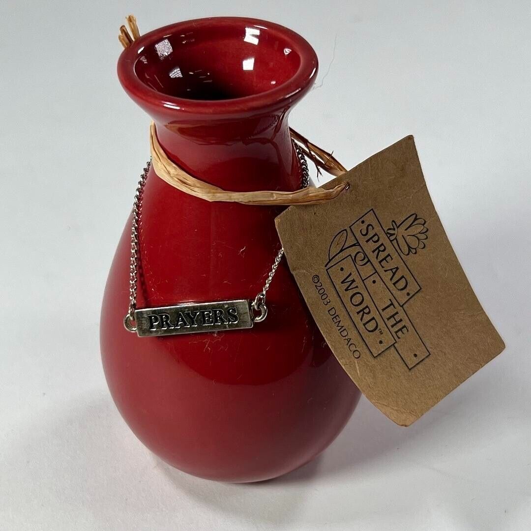 DEMDACO Beautiful Red Porcelain Vase With Silver Chain Prayers Design Decor