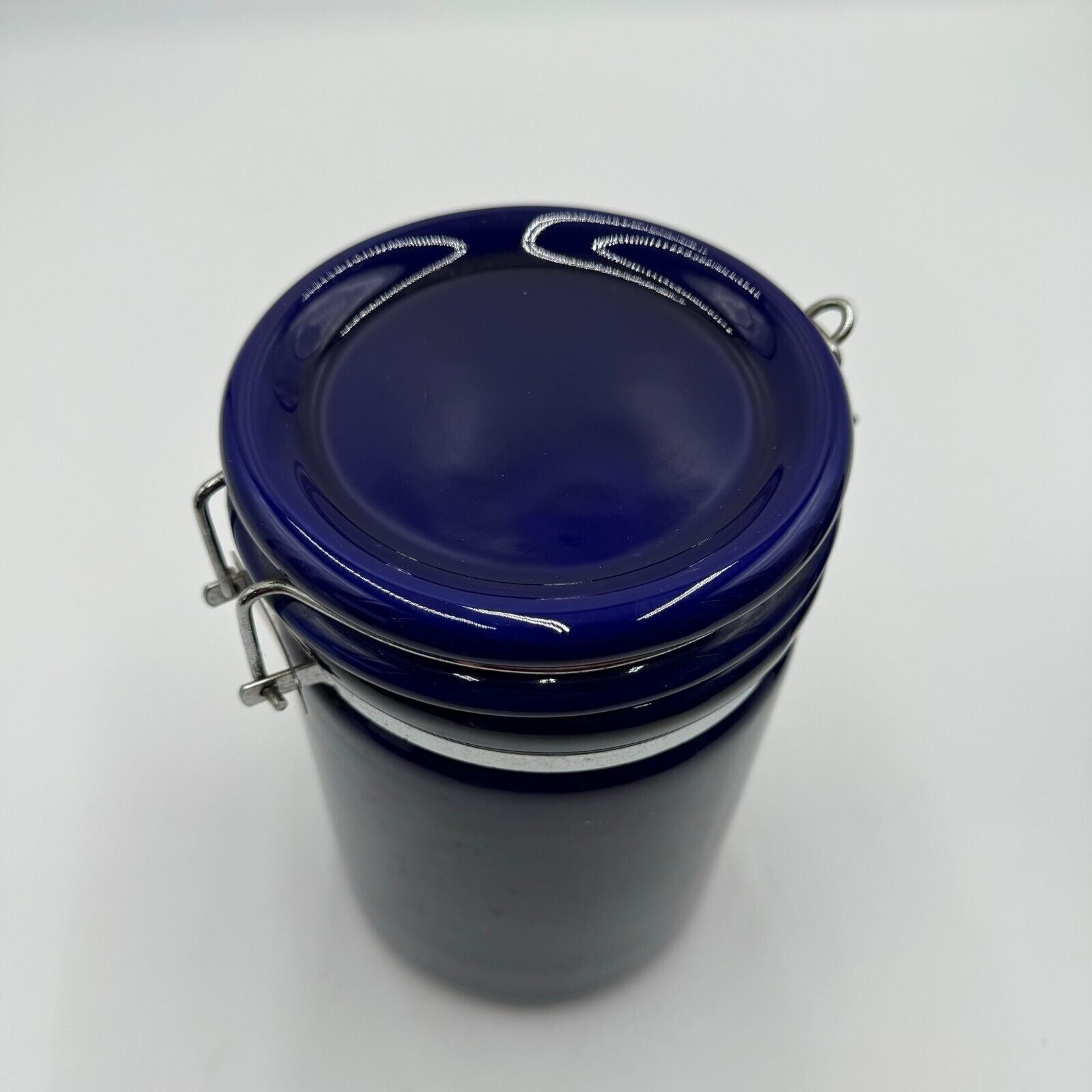 Set of 2 Kitchen Storage Canisters Blue Ceramic Metal Clasp 8” & 6” by 5”