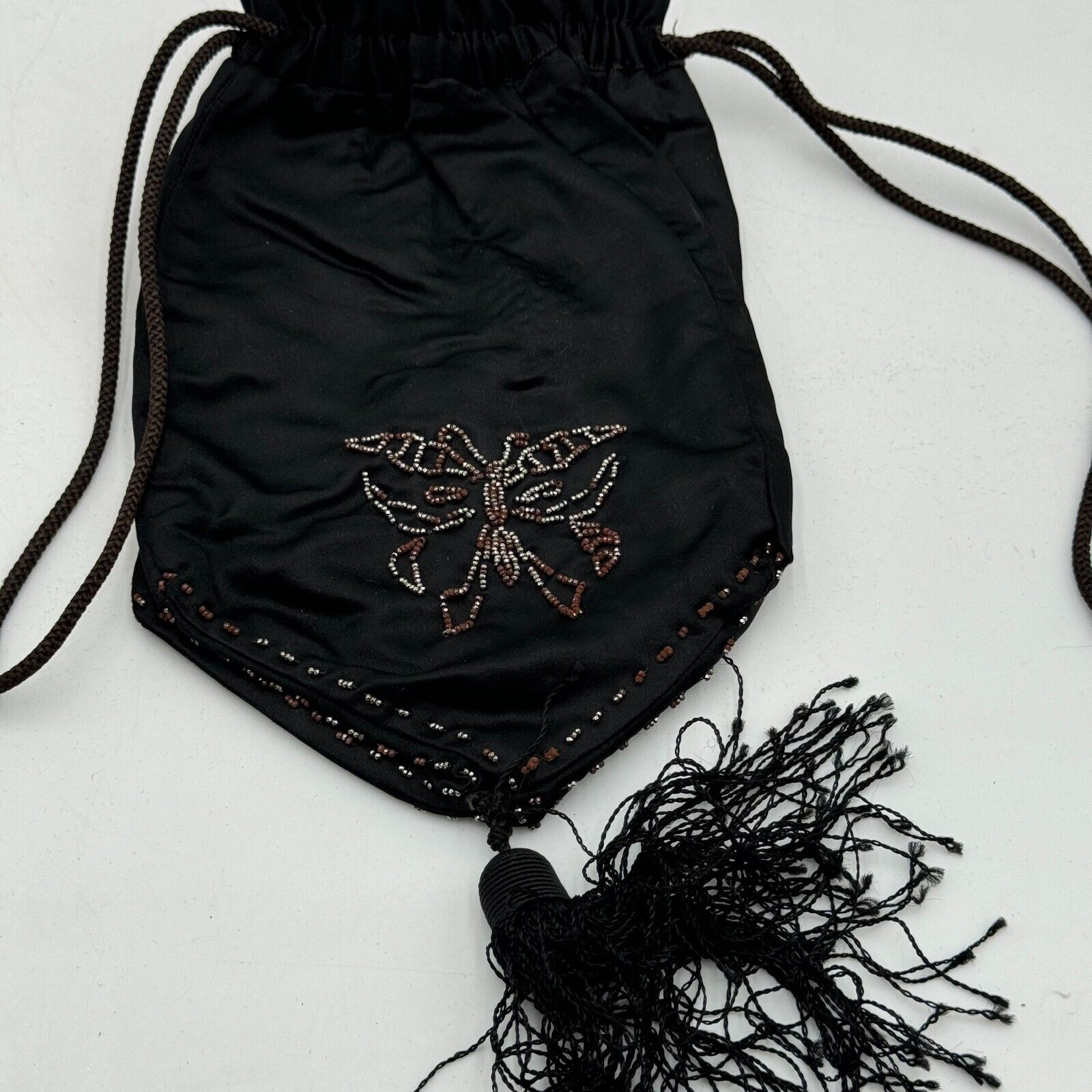 Lot of 2 Drawstring 9in Bags Purse Makeup Jewelry Black Beads Tassel Butterfly