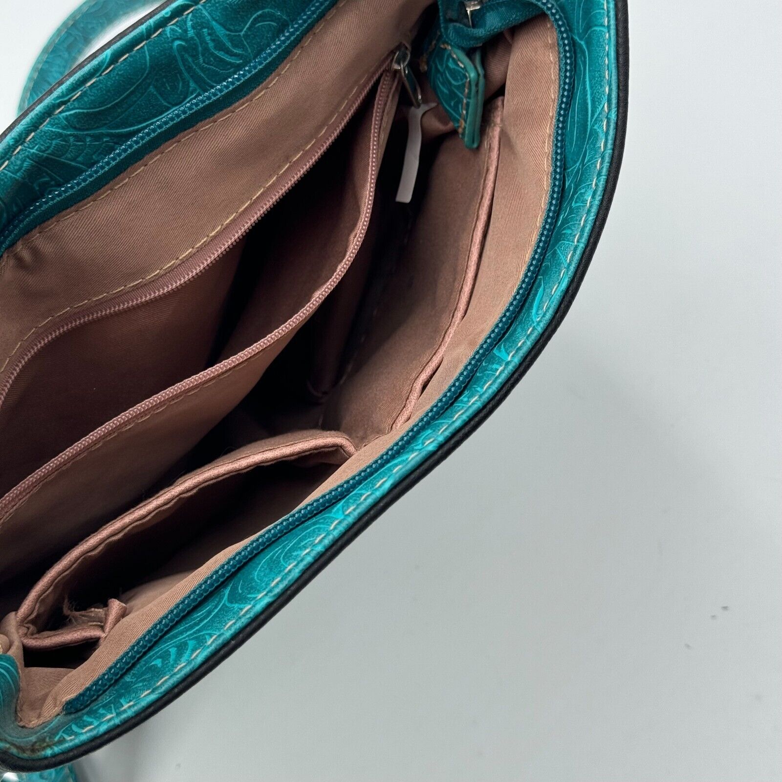 Western Style Purse Handbag Shoulder Strap Buckle Zipper Pockets Turquoise