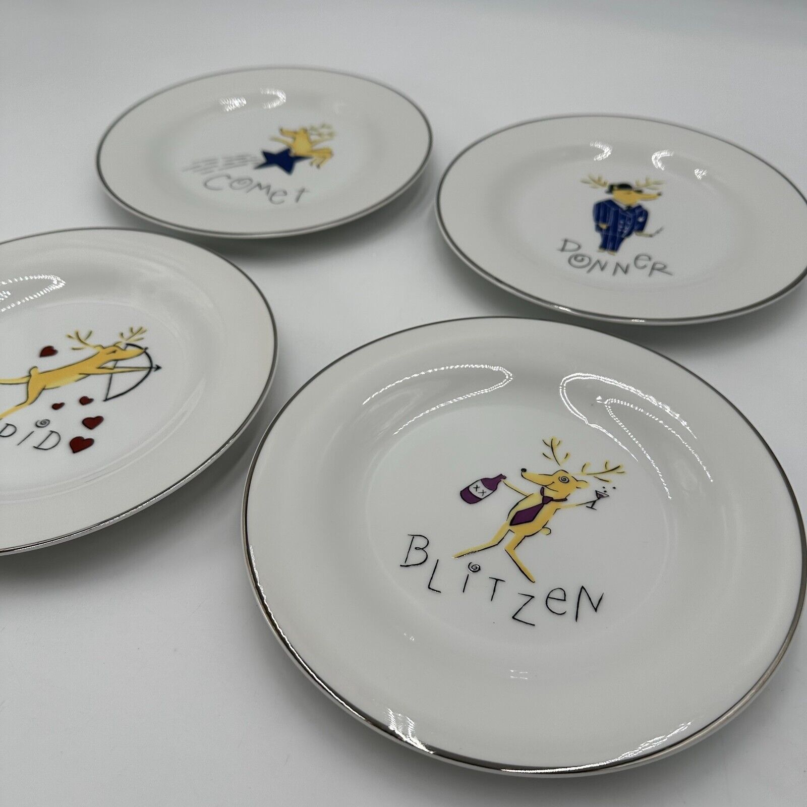 4 Pottery Barn Christmas Reindeer Dessert 8.5" Plates Comet Cupid Donner Blitzen