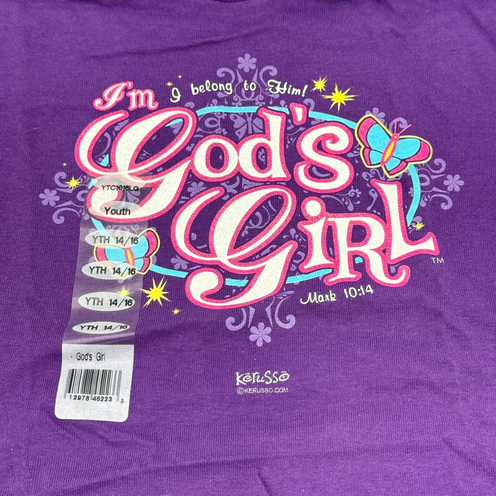 Kerusso Girls Crewneck Tshirt Printed Verse Mark 10:14 Christian Purple Size XL