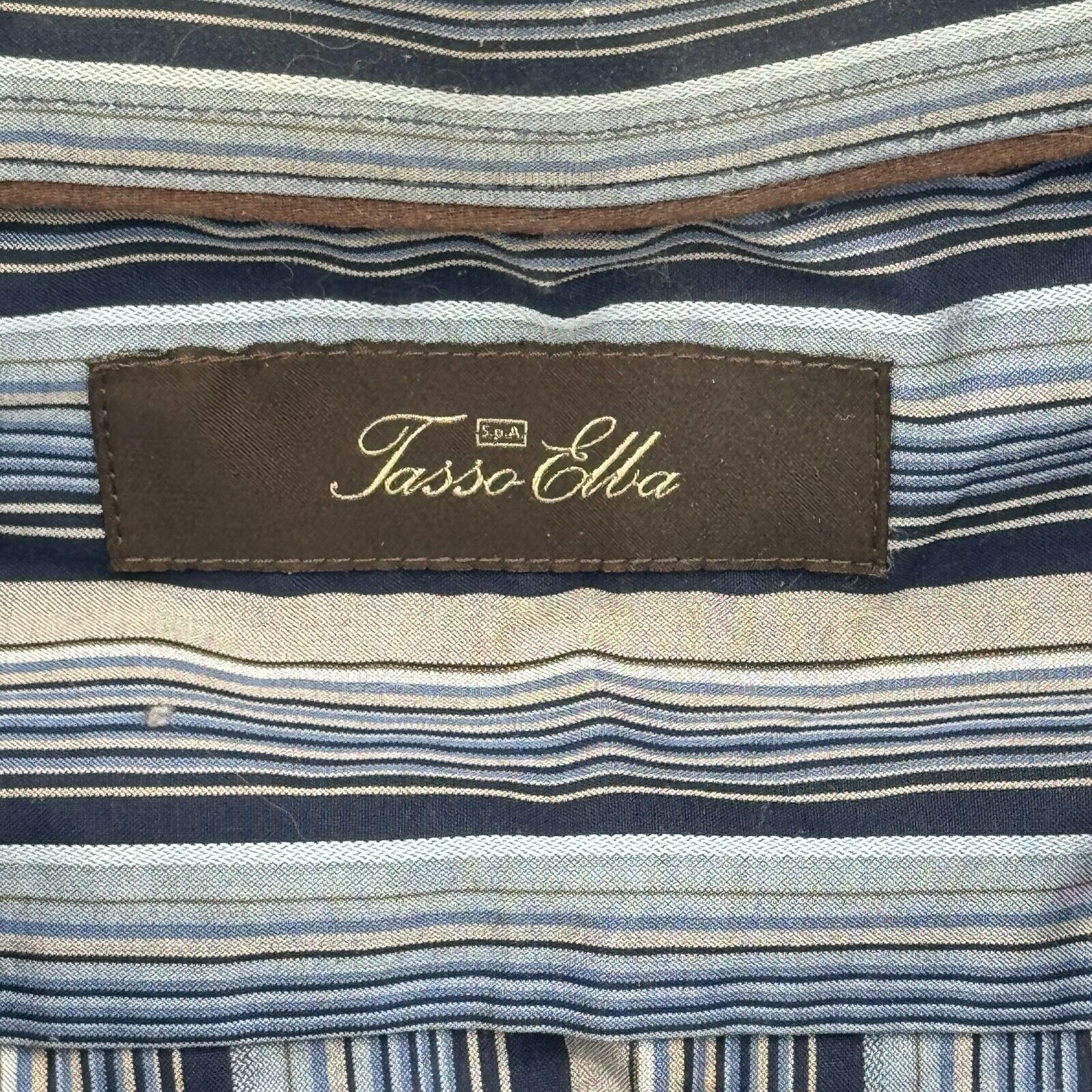 Tasso Elba Spa Luxury Linen Long Sleeve Button Up Shirt Blue Tan Stripes Mens XL