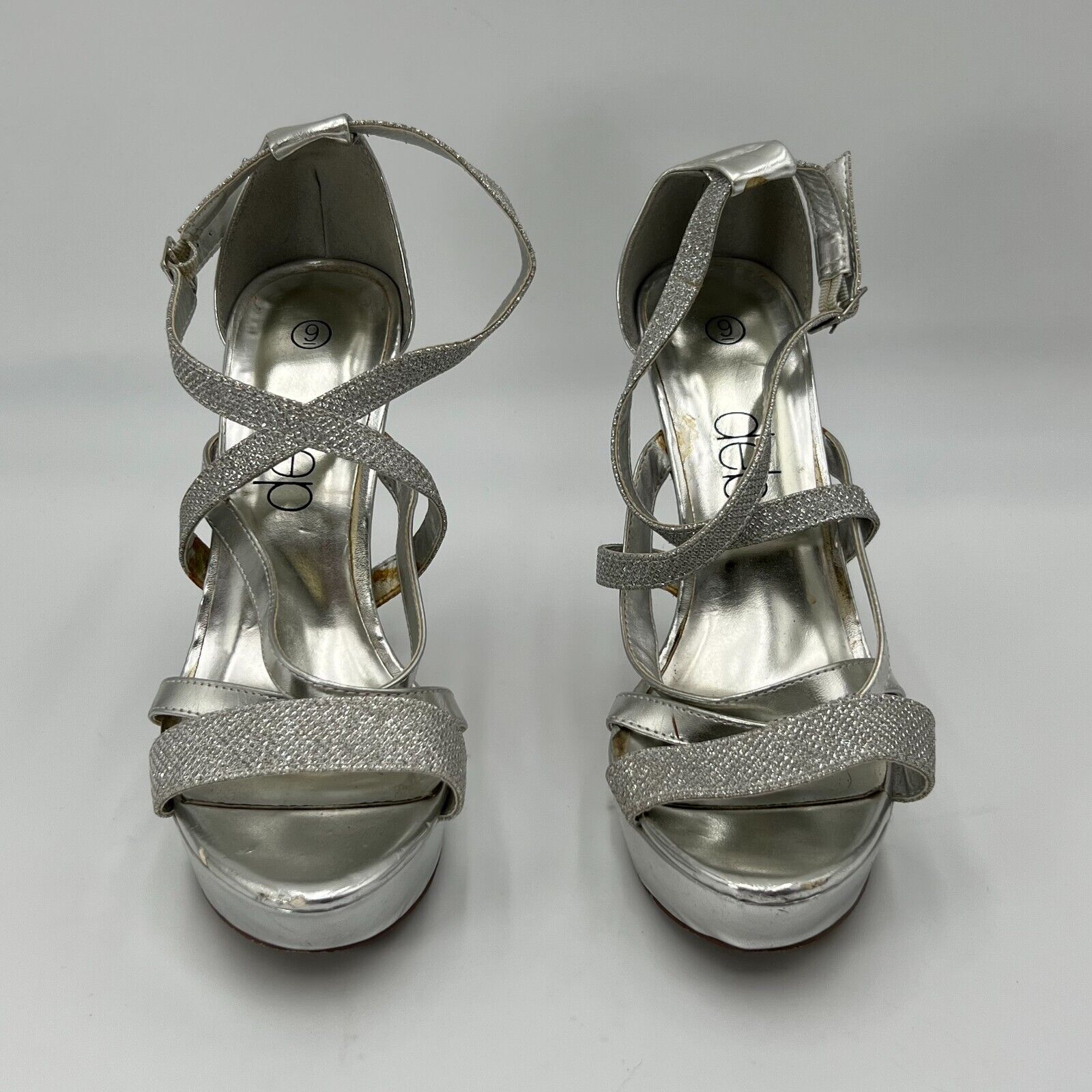 DEB 5 Inch Heels Platform Sandle Silver with Jewels Adjustable Buckle Womens Siz