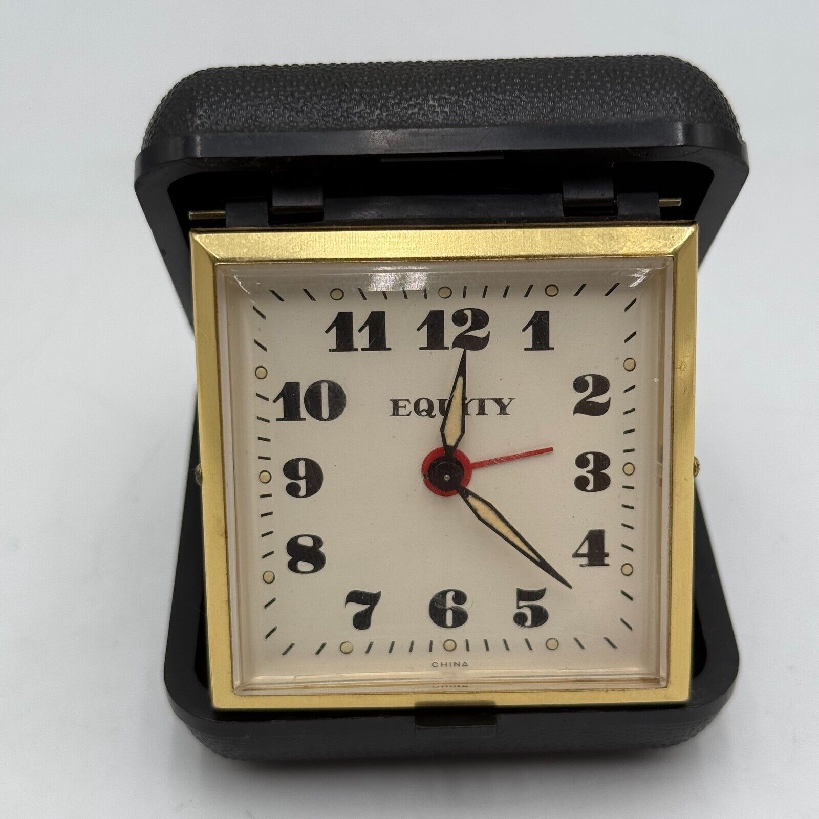 Vintage EQUITY FOLDING TRAVEL ALARM CLOCK Wind Up Black Case