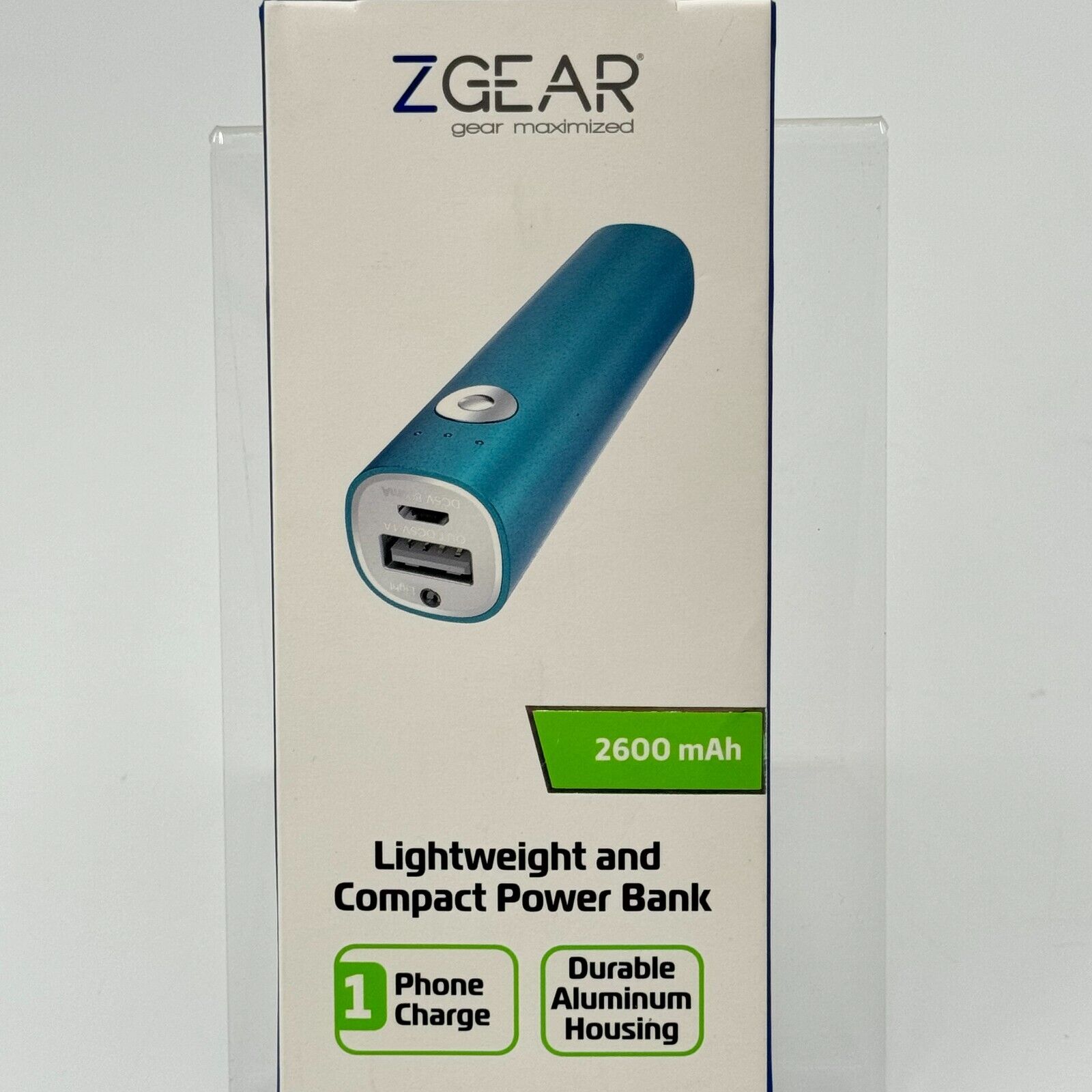 Zgear Lightweight & Compact Power Bank 2600 mAh Phone Charge Blue Micro USB Cord