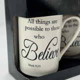 Kent Pottery Mug & Lid NIB Coaster Set Bible Verse Mark 9:23 All Things Possible