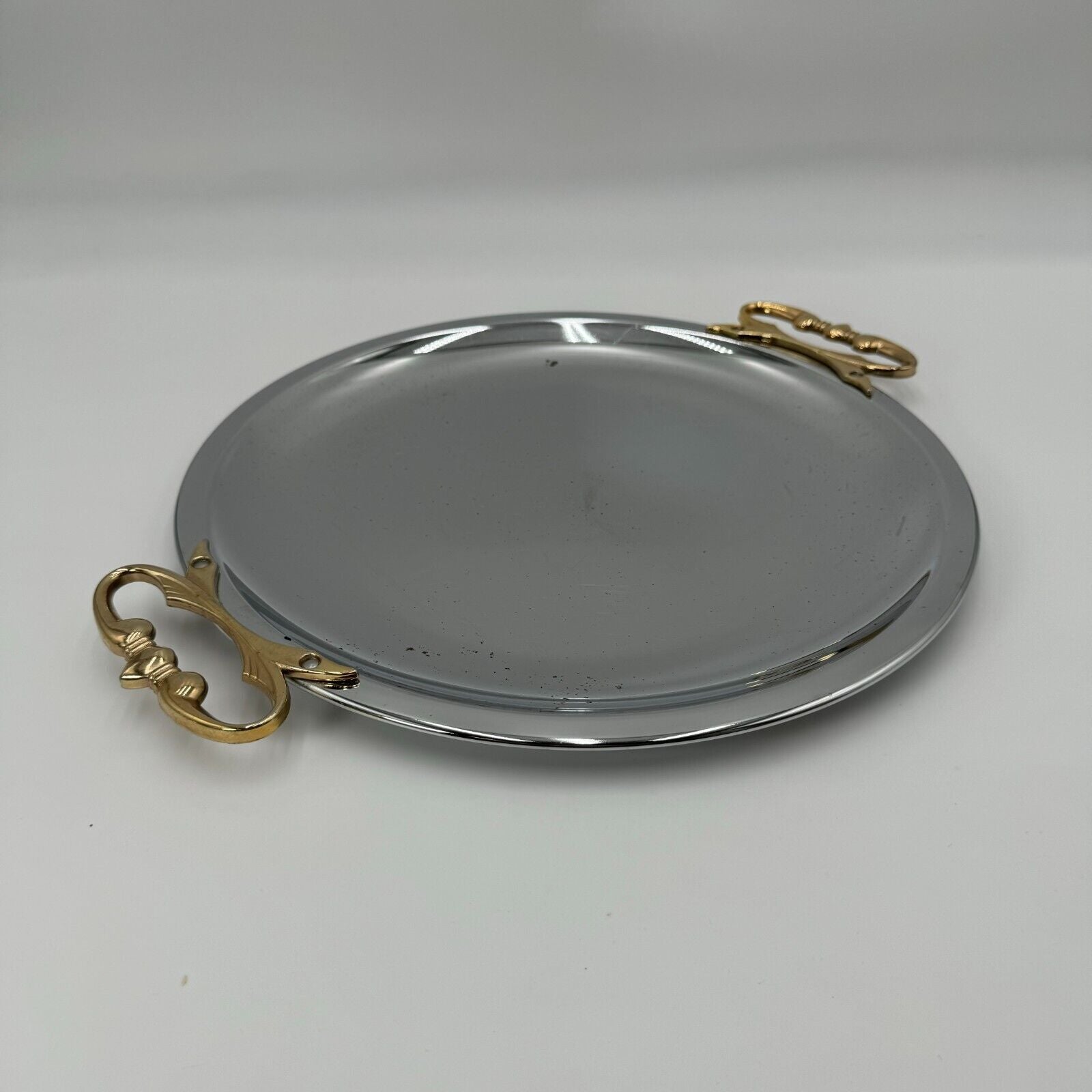 VINTAGE KROMEX CHROME METAL SERVING TRAY PLATTER ROUND WITH BRASS HANDLES 13.5"