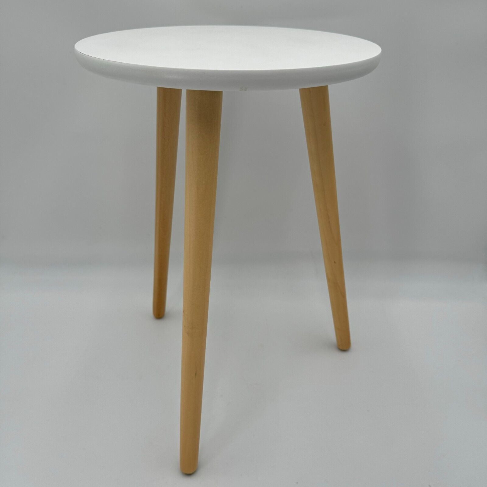 End Table White Round Top 3 Light Stained Wood Legs Screw In Easy Assembly