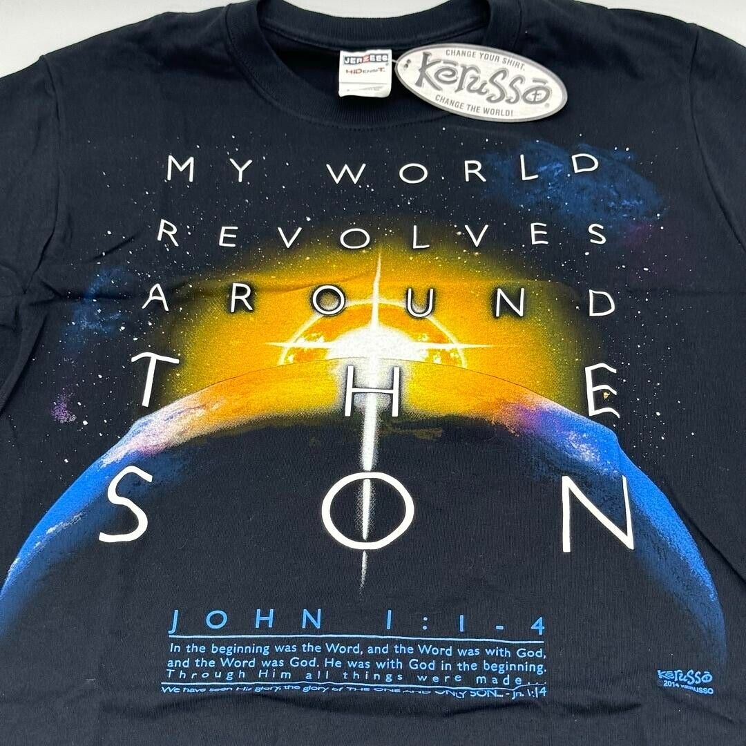 Small Adult Kerusso Black Blue Space John 1,1-4 Christian Adult T-Shirt NWT