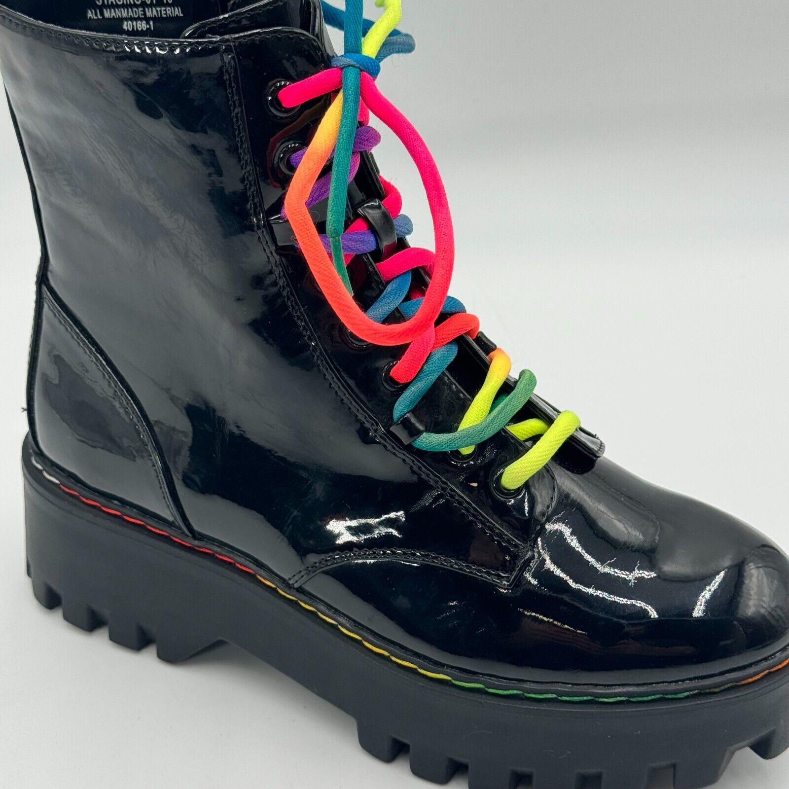 Bamboo Platform Combat Boots Glossy Black Leather Rainbow Women's Size 10 US