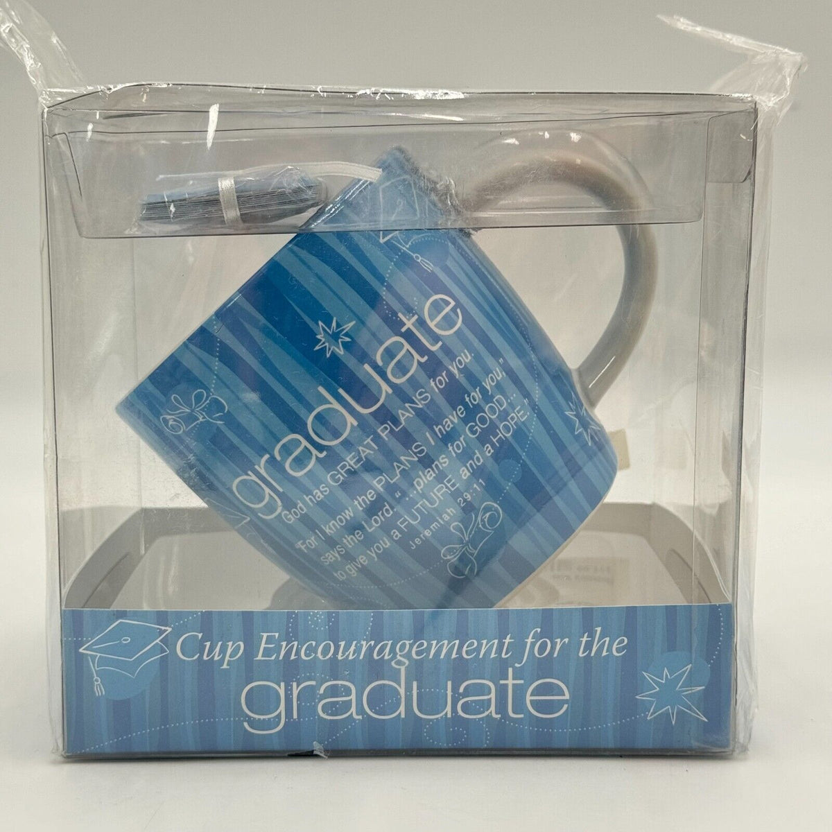 Ceramic Mug Graduation Gift Grad Uplifting Scripture Cards Cup Blue NIB