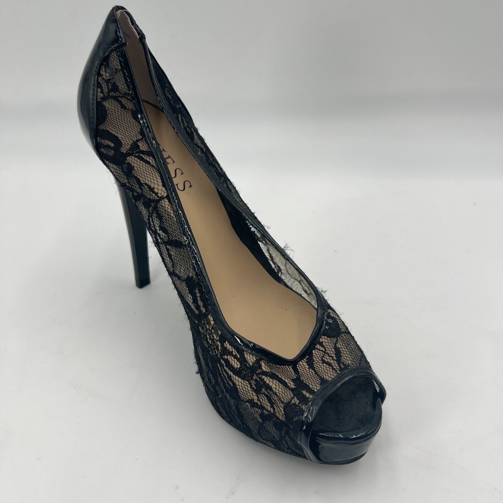 Guess Gaminata Black Lace Faux Patent Leather Peep Toe Platform Stiletto Sz  7.5