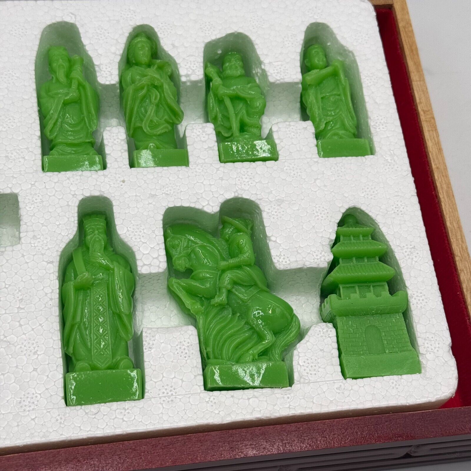 Asian Emperor’s Court Chess Set Fold Board Drawers Carved Jade & Mahogany Pieces