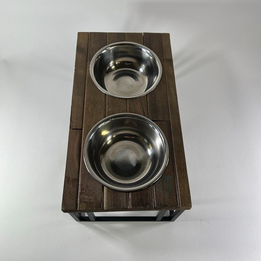 Pet Dog Cat Food Water Bowl Elevated Double Dish Holder Wood Top Metal Stainless