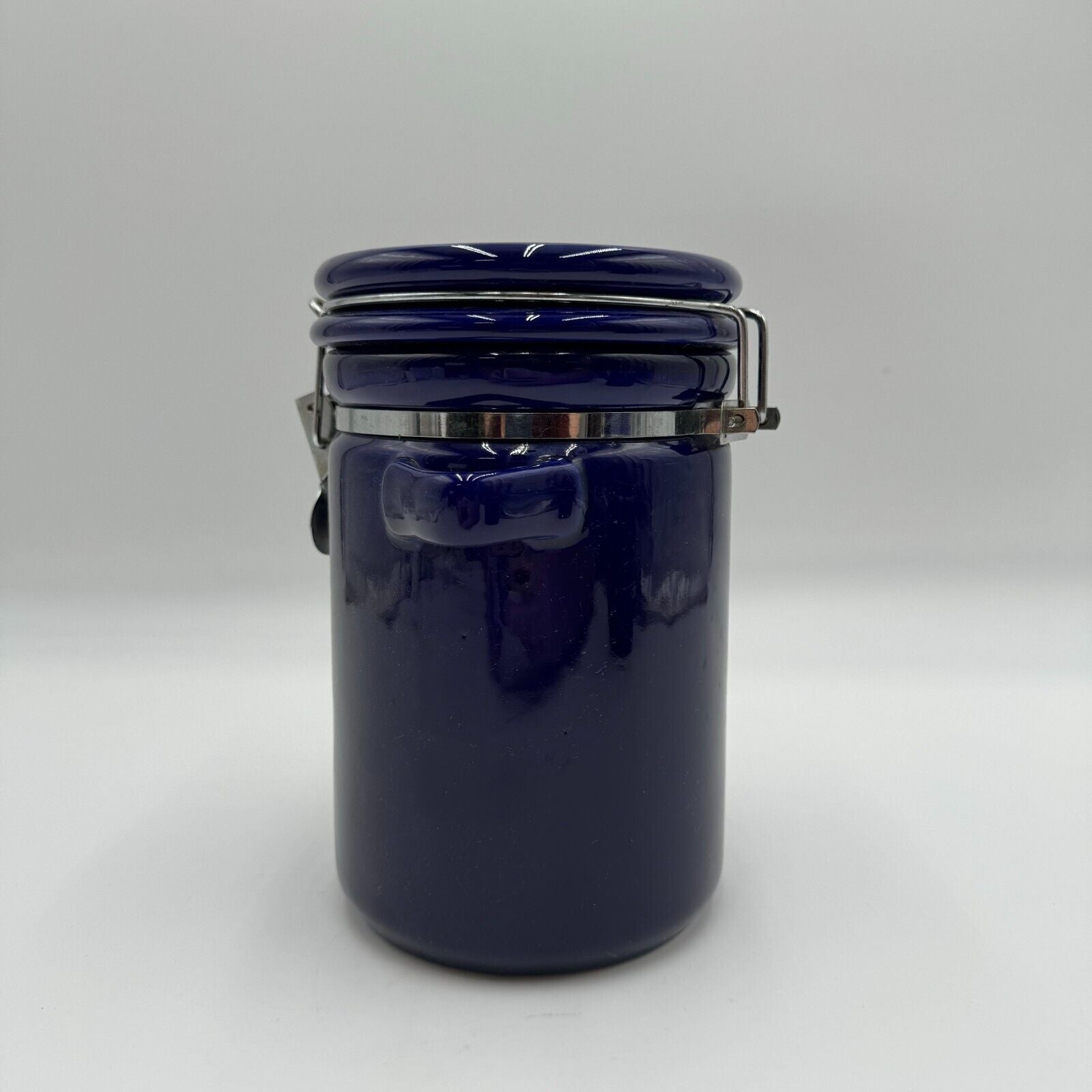 Set of 2 Kitchen Storage Canisters Blue Ceramic Metal Clasp 8” & 6” by 5”