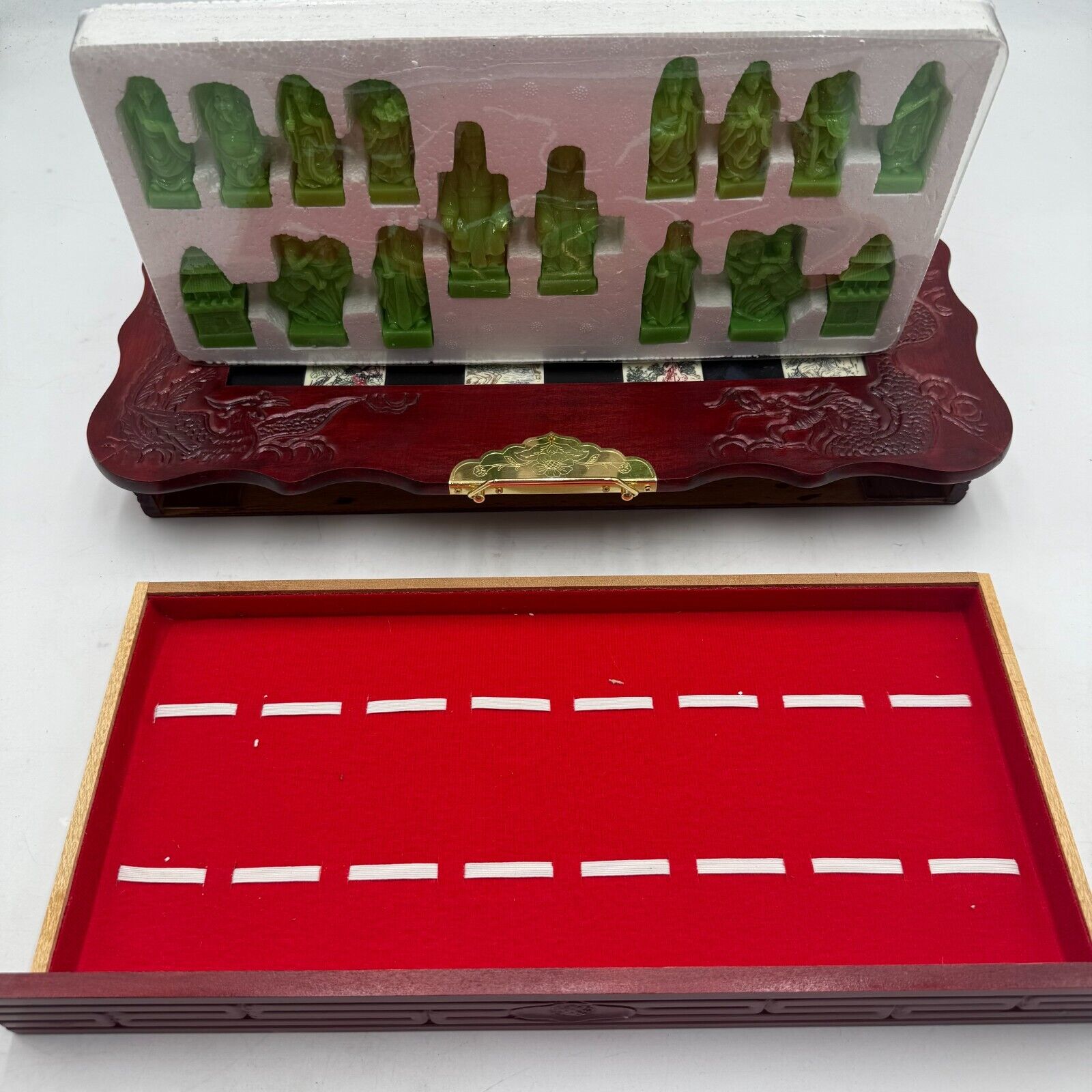 Asian Emperor’s Court Chess Set Fold Board Drawers Carved Jade & Mahogany Pieces