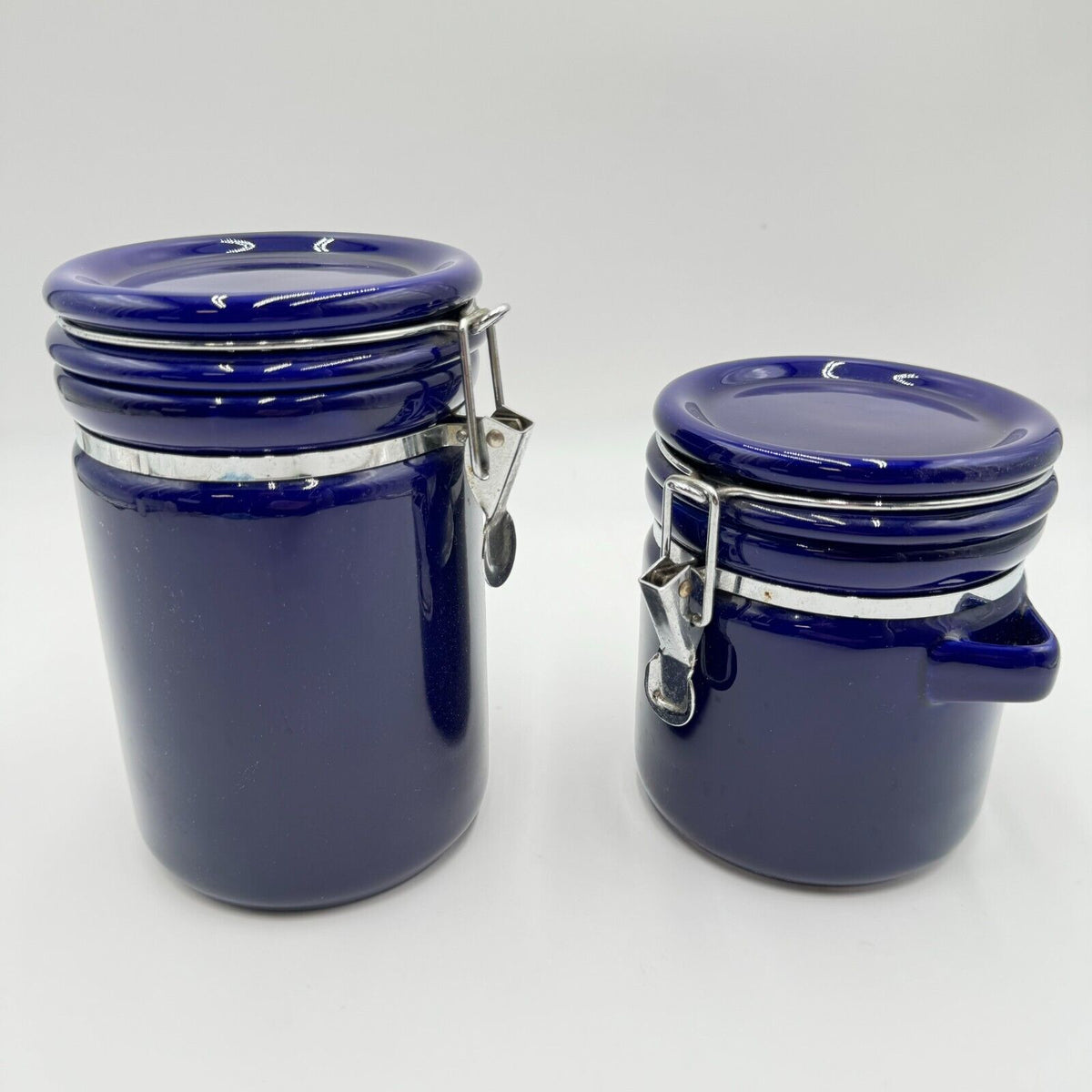 Set of 2 Kitchen Storage Canisters Blue Ceramic Metal Clasp 8” & 6” by 5”