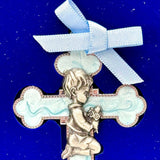 Sacred Traditions Blue Bow Pearlized Enamel Cross Child Praying Pewter Silver 3"