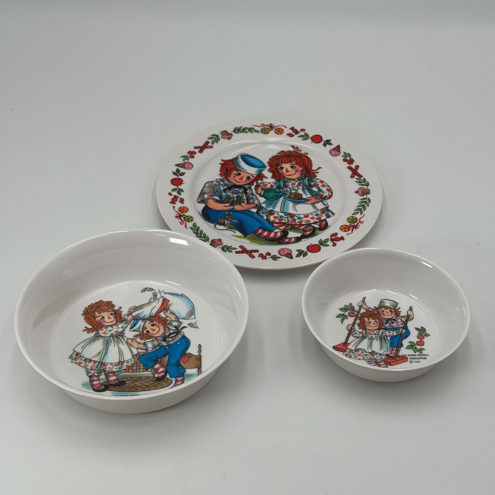 1969 Vintage Raggedy Ann & Andy Dolls Dinner Plate and Bowl Set Bobbs-Merrill