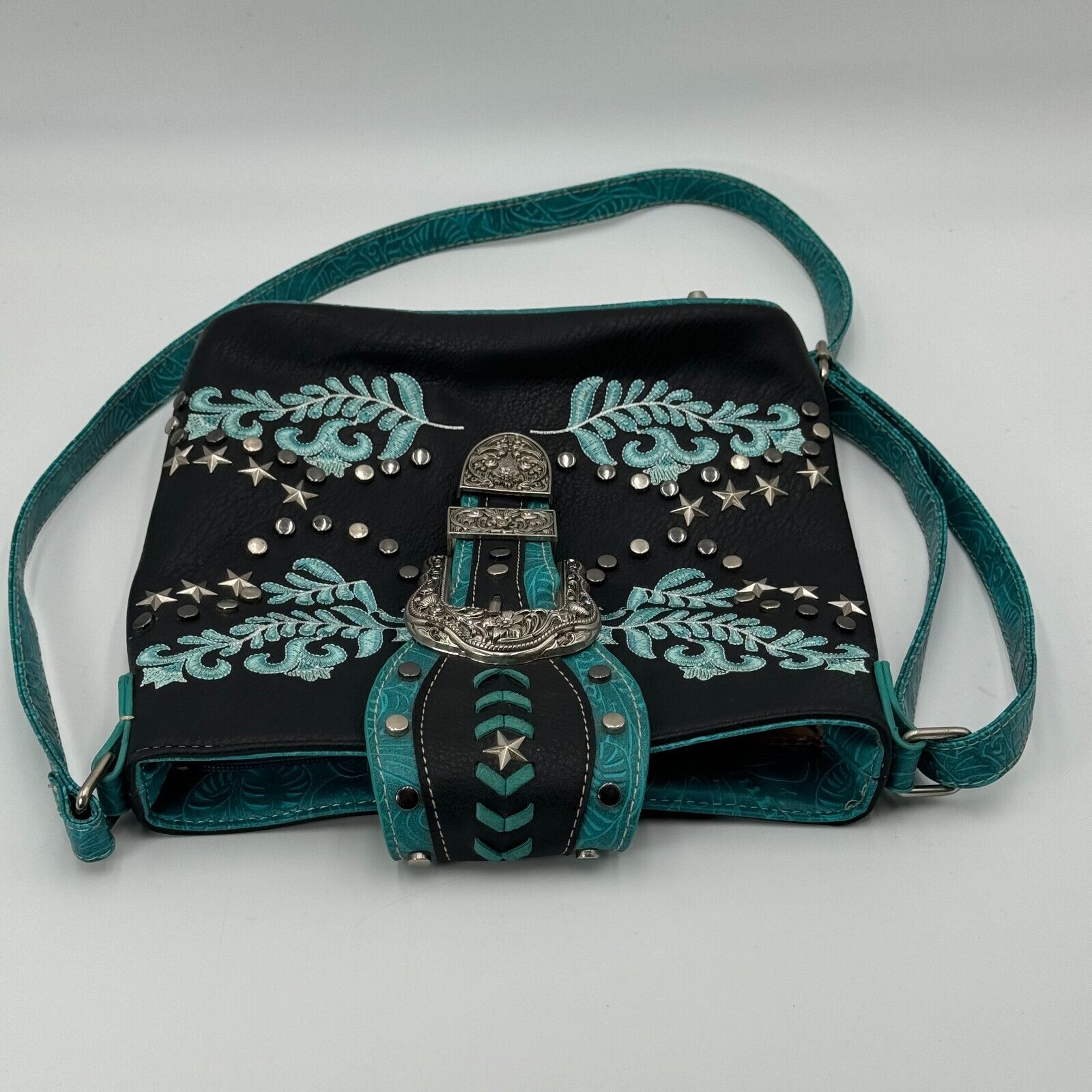 Western Style Purse Handbag Shoulder Strap Buckle Zipper Pockets Turquoise