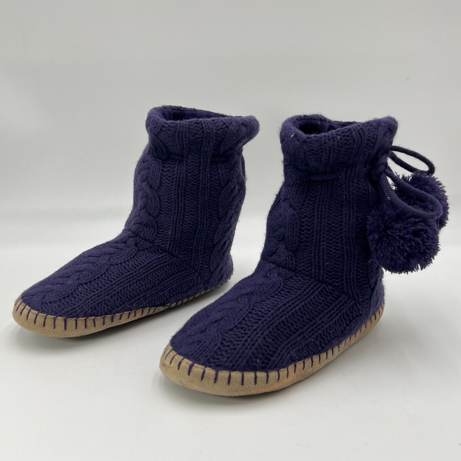 American Eagle Knit Slipper Boots Draw String Purple Puff Ball Womens Size 9-10