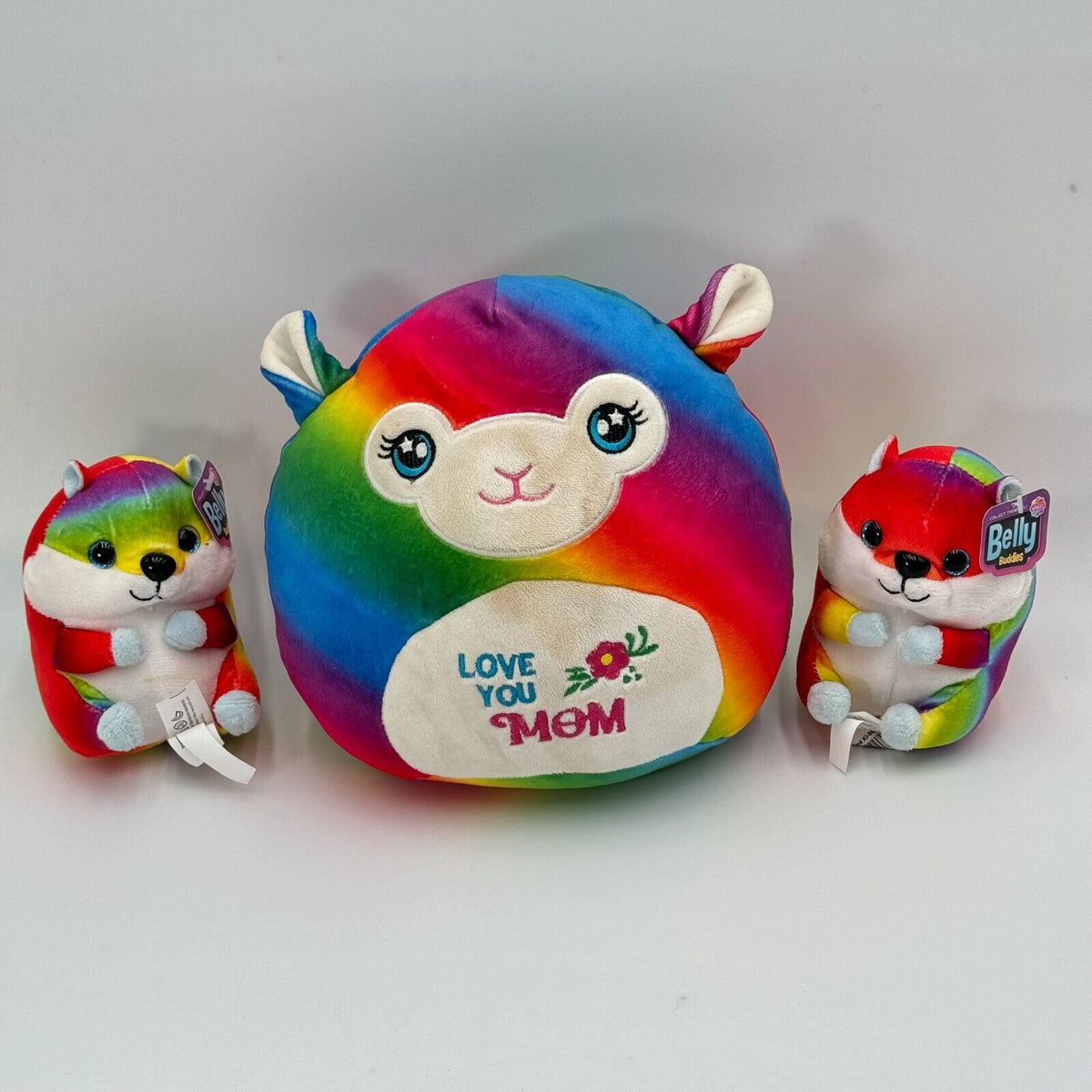 Rainbow Plush Stuffies Rare Belly Buddies Hamster Squish Llama Love Mom NWT